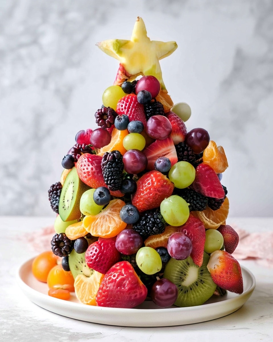A colorful fruit tower made of multiple layers of fresh fruits stands on a white plate. The base layer includes large red strawberries, green grape clusters, orange tangerine slices, black blackberries, and green kiwi slices arranged closely together. The middle layers show more red grapes, blueberries, blackberries, strawberries, and green grapes mixed evenly, creating a dense and vibrant texture. At the top, a star-shaped slice of yellow pineapple crowns the tower, adding height and a finishing touch. The background is a white marbled texture. photo taken with an iphone --ar 4:5 --v 7