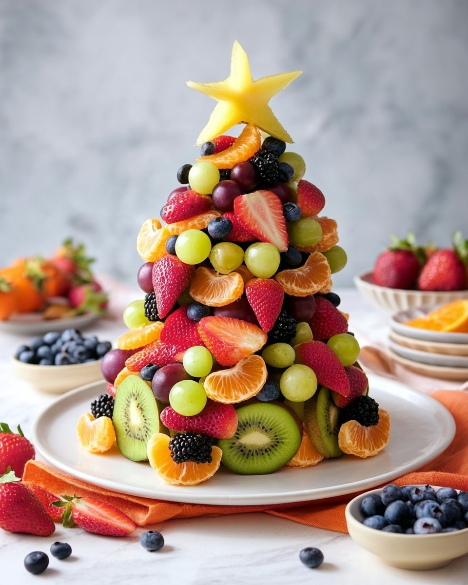 A tall fruit pyramid stands on a white plate with an off-white base plate beneath, all set on a white marbled texture surface. The pyramid is made of layers of mixed fruits starting from the bottom with thick slices of green kiwi with black seeds, bright orange mandarin segments, red strawberries, and blackberries. Scattered among these are green and purple grapes, blueberries, and more strawberry slices, forming a colorful and textured mix. The top is crowned with a star-shaped yellow fruit slice, likely starfruit, which adds a sharp peak to the fruit tower. Around the pyramid, there are small bowls filled with blueberries and strawberries, and loose blueberries scattered on the surface, along with an orange napkin nearby. Photo taken with an iphone --ar 4:5 --v 7