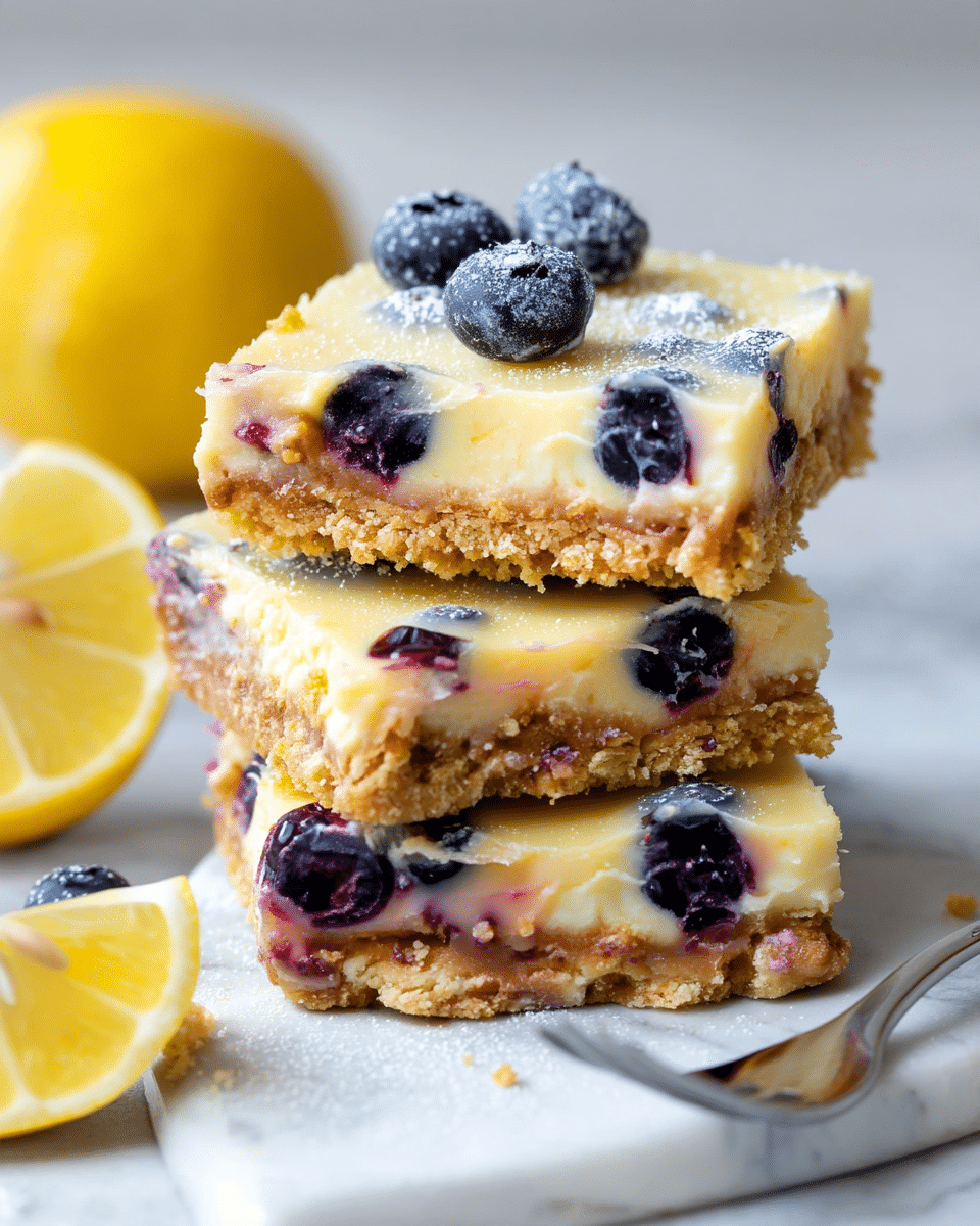 The image shows a stack of three square lemon blueberry dessert bars on a white marbled surface. Each bar has two layers: a thick, crumbly golden brown crust at the bottom and a pale yellow creamy lemon layer on top, studded with whole blueberries that are dark blue with hints of purple. The bars have a slightly glossy and smooth texture on the lemon layer, with some powdered sugar dusted lightly on top. To the left, there is a wedge of lemon, bright yellow with glistening juicy pulp. A silver fork is placed in the foreground near the dessert bars. The overall scene is bright and fresh, with the dessert bars as the clear focus. photo taken with an iphone --ar 4:5 --v 7