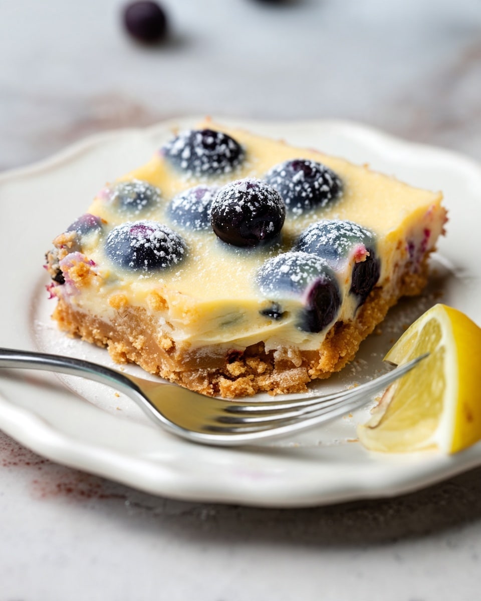 A square lemon dessert bar with three visible layers sits on a white plate with a slightly wavy edge. The bottom layer is a crumbly, light brown crust, textured like crushed graham crackers. The middle layer is a pale yellow lemon filling with a smooth and creamy texture. The top layer contains whole blueberries embedded in the lemon filling, dusted lightly with powdered sugar, giving a soft white contrast to the blue and yellow. A silver fork holds a small bite of the dessert in the foreground. A wedge of lemon is placed on the plate’s edge. The plate sits on a white marbled surface. photo taken with an iphone --ar 4:5 --v 7