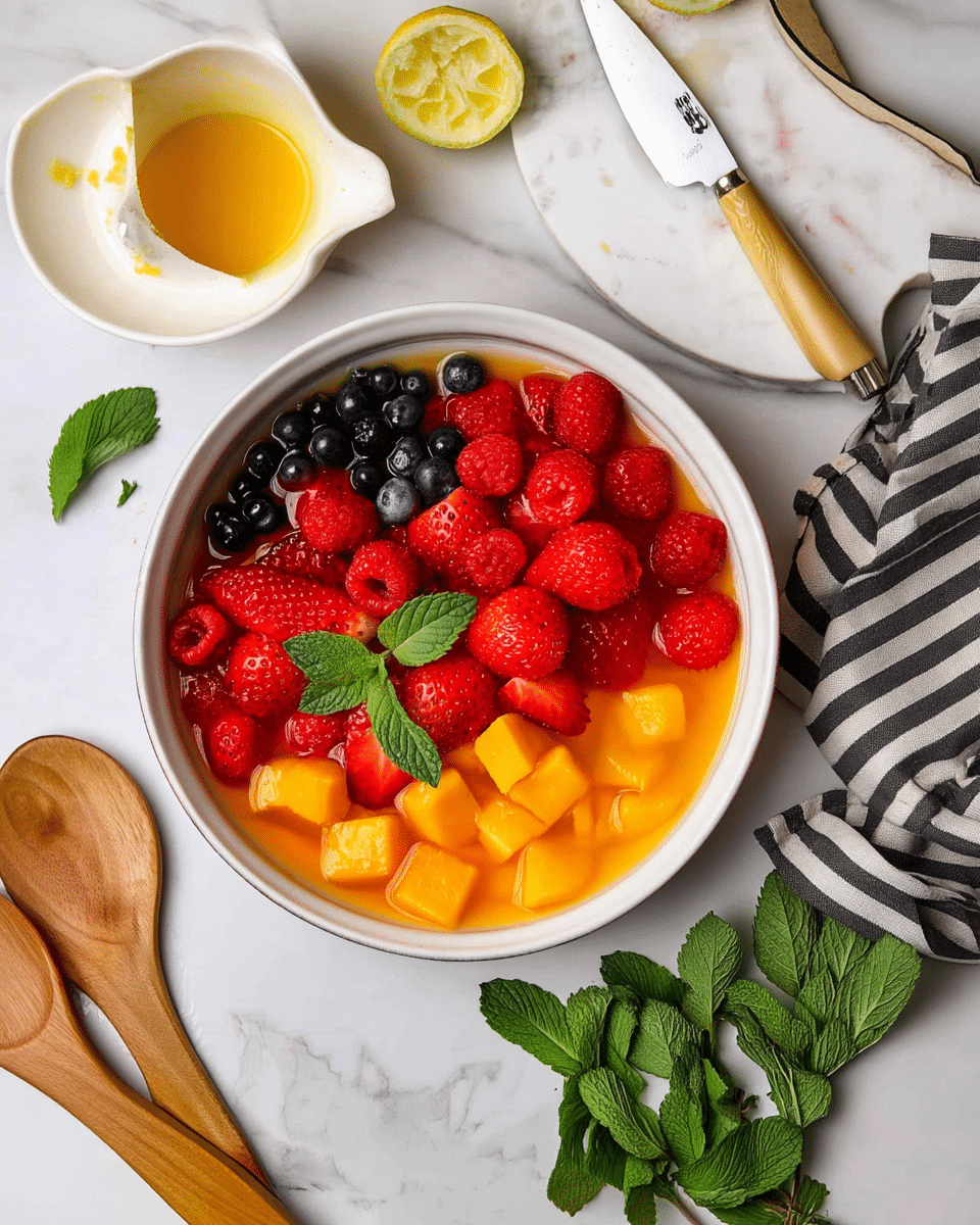 A white bowl filled with a colorful fruit salad featuring three layers: the bottom layer is a light orange juice, the middle layer consists of small bright orange mango cubes, and the top layer showcases red strawberry halves, red raspberries, and dark blue blueberries scattered around with a few fresh green mint leaves on top. Around the bowl, there is a white lemon squeezer with squeezed lemon halves, a wooden spoon on a white marbled surface, a white round cutting board with a knife with a wooden handle, and a striped black and white cloth napkin. A bunch of fresh green mint leaves lies near the bottom right of the image. photo taken with an iphone --ar 4:5 --v 7