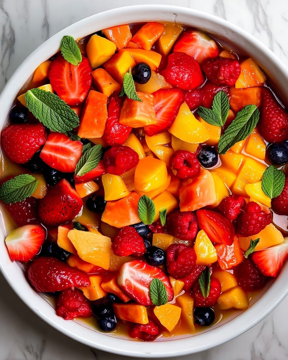 A close-up top view of a white bowl filled with a colorful fruit salad layered with chopped orange cantaloupe, bright red strawberry halves, vibrant red raspberries, and small dark blue blueberries. Scattered fresh green mint leaves add contrast across the glossy fruits, which sit slightly submerged in a light syrup, giving a shiny, juicy look. The bowl is placed on a white marbled surface, highlighting the fresh, bright colors of the fruit. photo taken with an iphone --ar 4:5 --v 7