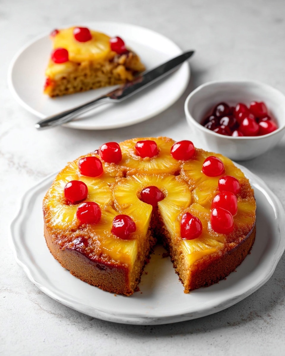 The image shows a pineapple upside-down cake with one slice cut out and placed on a white fluted plate in the background. The cake has a golden brown base layer with a slightly rough texture and five bright yellow pineapple rings arranged evenly on top, each ring holding a glossy red cherry in the center. The top layer is shiny, with caramelized sugar visibly coating the pineapple slices and filling the gaps between them. A small bowl of additional glossy red cherries sits in the foreground, next to a silver butter knife. The whole scene is set on a white marbled surface. Photo taken with an iphone --ar 4:5 --v 7