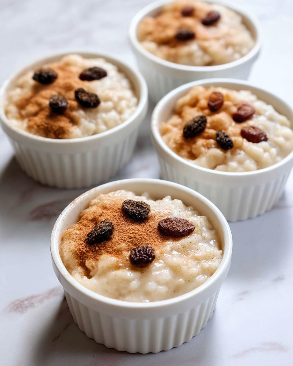 The image shows four white ramekins filled with creamy rice pudding. Each ramekin has a thick layer of soft, lumpy rice pudding that looks smooth and shiny, colored pale off-white. On top of the pudding, there is a light dusting of brown powder, likely cinnamon, that spreads unevenly across the surface. Scattered on the top are a few dark brown raisins, providing a contrast in color and texture. The ramekins are placed on a white marbled surface, which has faint gray veins, giving a clean and elegant backdrop. The foreground features the closest ramekin in clear focus, while the others softly blur into the background. photo taken with an iphone --ar 4:5 --v 7