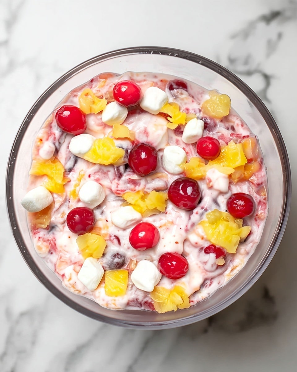 The dish is a creamy pink dessert served in a clear glass bowl. It has a thick base mixed with small red fruit pieces. On top, there are bright red whole cherries, small white marshmallows, and chunks of yellow pineapple spread evenly. The texture looks soft and slightly lumpy with a mix of smooth cream and fruit pieces. The bowl sits on a white marbled surface. photo taken with an iphone --ar 4:5 --v 7