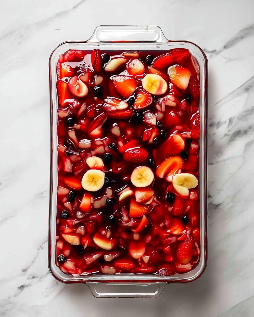 A clear rectangular glass dish filled with one thick layer of mixed fruit jelly containing visible pieces of red strawberries, yellow banana slices, small dark blueberries, and small chunks of translucent white fruit. The jelly is bright red and glossy, covering all the fruit pieces evenly. The dish is placed on a white marbled texture surface. photo taken with an iphone --ar 4:5 --v 7