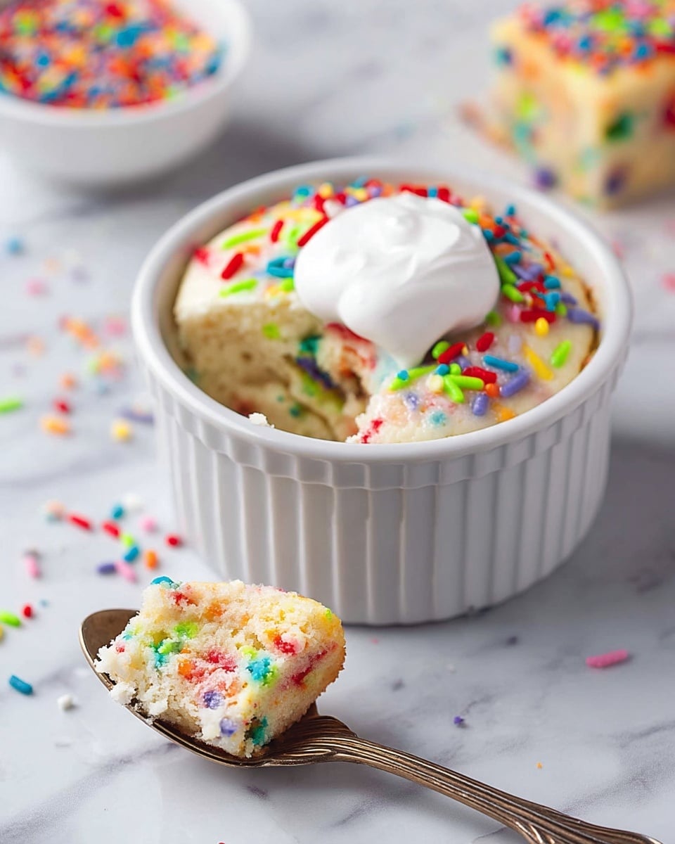 A white ceramic ramekin holds a single-serving cake with a smooth, light beige top layer scattered with bright, multicolored sprinkles in red, green, blue, purple, yellow, and orange. The cake has a soft, fluffy texture that is visible where a scoop has been taken out near the edge. A dollop of white whipped cream sits on top at the center, slightly melting into the cake's surface. In the foreground, a white marbled white plate holds a silver spoon with a chunk of the same cake, showing the light beige texture with specks of the colorful sprinkles inside. A portion of a white bowl filled with more sprinkles is visible in the front-left corner, all set against a white marbled surface. photo taken with an iphone --ar 4:5 --v 7