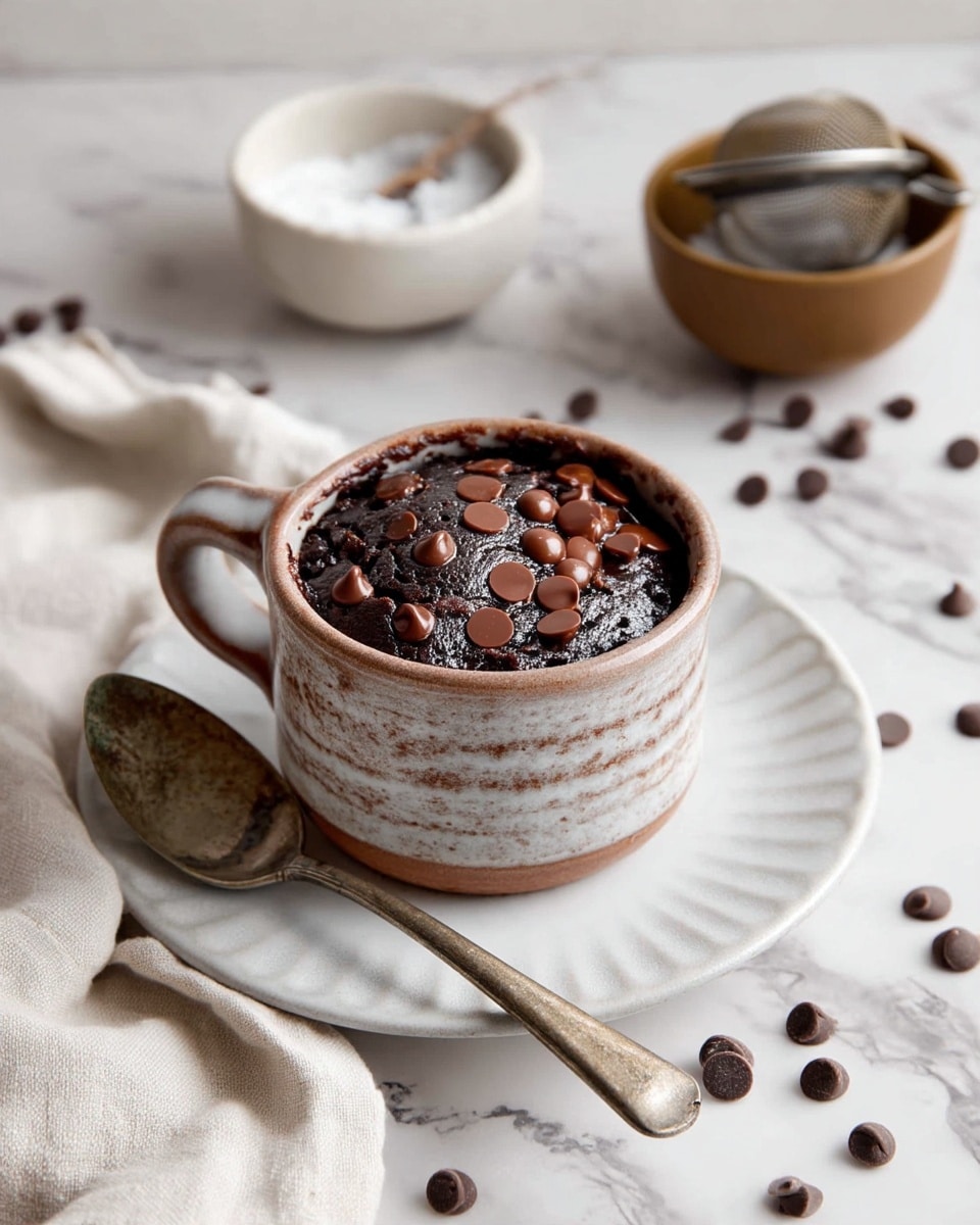 A single-layer dark chocolate mug cake is shown inside a white ceramic mug with a handle, topped with scattered milk chocolate chips, giving a contrast of shiny, smooth chips on the soft, slightly cracked cake surface. The mug rests on a white plate with subtle ridges along the rim, next to a vintage, slightly tarnished silver spoon placed diagonally on the plate. Nearby, a small white bowl filled with chocolate chips, some dropped around it, and another tan bowl holding powdered sugar with a small metal sifter inside, all sit on a white marbled surface, with a soft beige cloth partially visible beneath. photo taken with an iphone --ar 4:5 --v 7