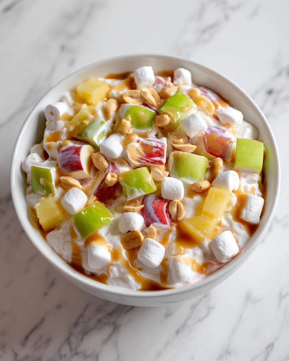A white bowl filled with a creamy fruit salad showing three main layers: large chunks of red and green apples with shiny skin, pale yellow pineapple pieces, and white mini marshmallows all mixed into a thick white creamy base. The salad is topped with a light drizzle of caramel sauce and small peanuts scattered unevenly over the salad, adding texture and color contrast. The bowl sits on a white marbled surface. photo taken with an iphone --ar 4:5 --v 7