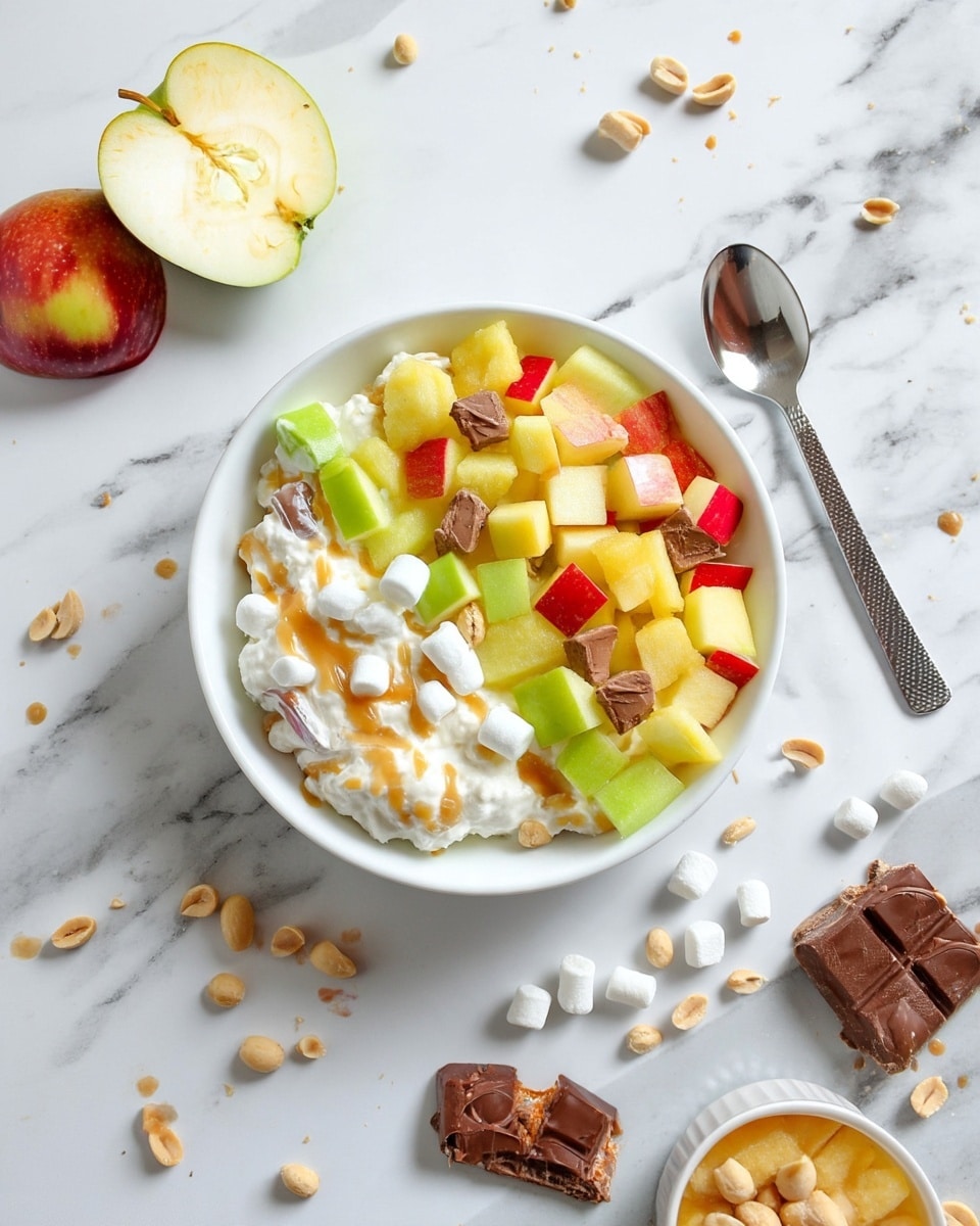 A white bowl filled with a mixed fruit dessert composed of three main layers: the base layer is a creamy white texture that looks soft and smooth, the middle layer has chopped fruit pieces including green and red apples and yellow pineapple chunks, scattered evenly throughout the cream, and the top layer has a light drizzle of golden caramel sauce along with small white mini marshmallows and some peanut pieces, creating a mix of smooth, juicy, and crunchy textures. Around the bowl on a white marbled surface are half an apple, a spoon with a textured metal handle to the right, scattered mini marshmallows, peanuts, and a piece of chocolate with caramel inside. Photo taken with an iphone --ar 4:5 --v 7