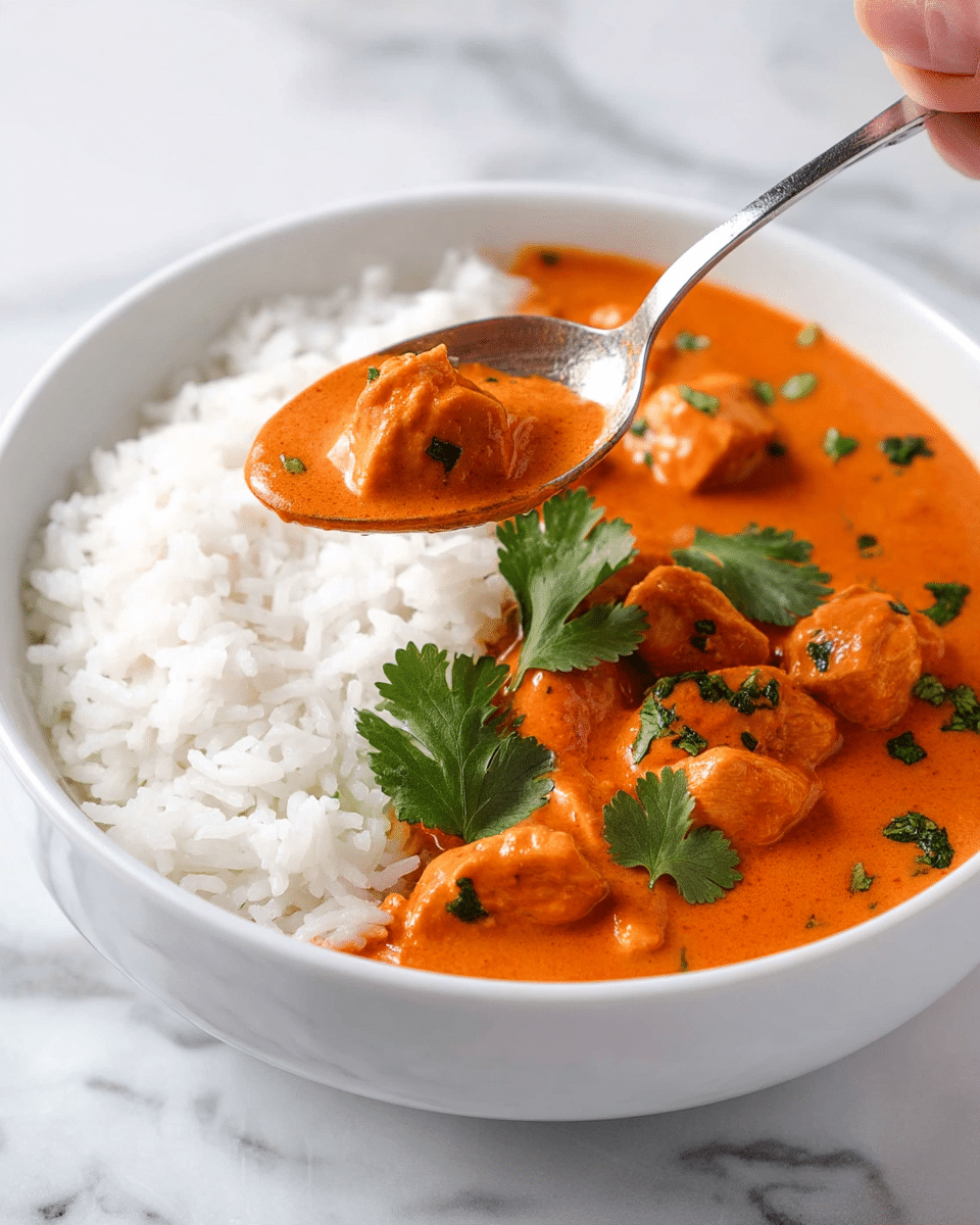 A white bowl is filled with two layers: the left side has a bed of soft white rice with a fluffy texture, while the right side holds a rich orange creamy curry sauce with visible pieces of tender chicken chunks. Fresh green cilantro leaves are scattered on top of the curry, adding a fresh contrast. A shiny silver spoon is scooping up some of the chicken curry, showing its smooth and thick sauce. The bowl sits on a white marbled surface. photo taken with an iphone --ar 4:5 --v 7