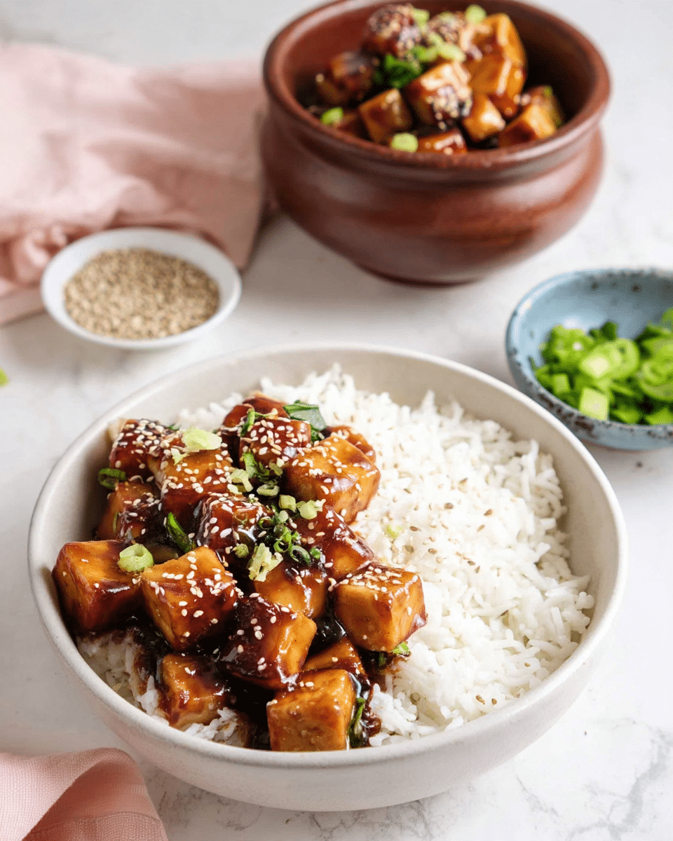 A white bowl filled halfway with plain white rice forms the base layer, while the top half is covered with golden brown tofu cubes coated in a glossy dark sauce. The tofu pieces are sprinkled with white sesame seeds and chopped green onions, adding contrast and texture. In the background, a clay bowl holds more glazed tofu cubes, and small white and blue bowls contain extra green onions and sesame seeds, all placed on a white marbled surface with a soft pink cloth napkin nearby. photo taken with an iphone --ar 4:5 --v 7