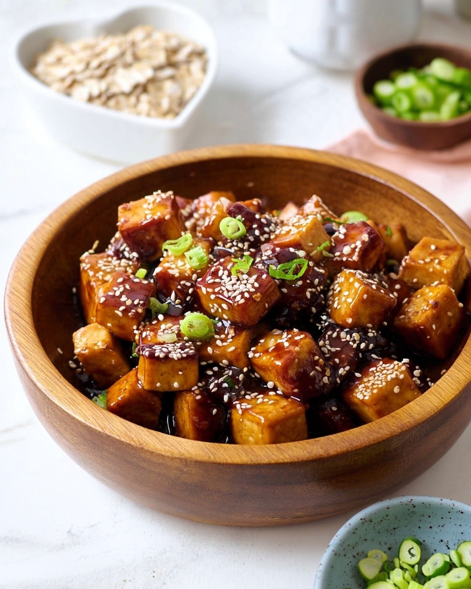 The image shows golden brown tofu cubes coated in a glossy dark sauce, arranged in a single layer inside a round wooden bowl. The tofu is sprinkled with white sesame seeds and small rings of bright green scallions for garnish. In the background, there is a white heart-shaped bowl with oats and a white marbled surface. A small part of a white bowl with chopped scallions is visible at the bottom right corner. Photo taken with an iphone --ar 4:5 --v 7