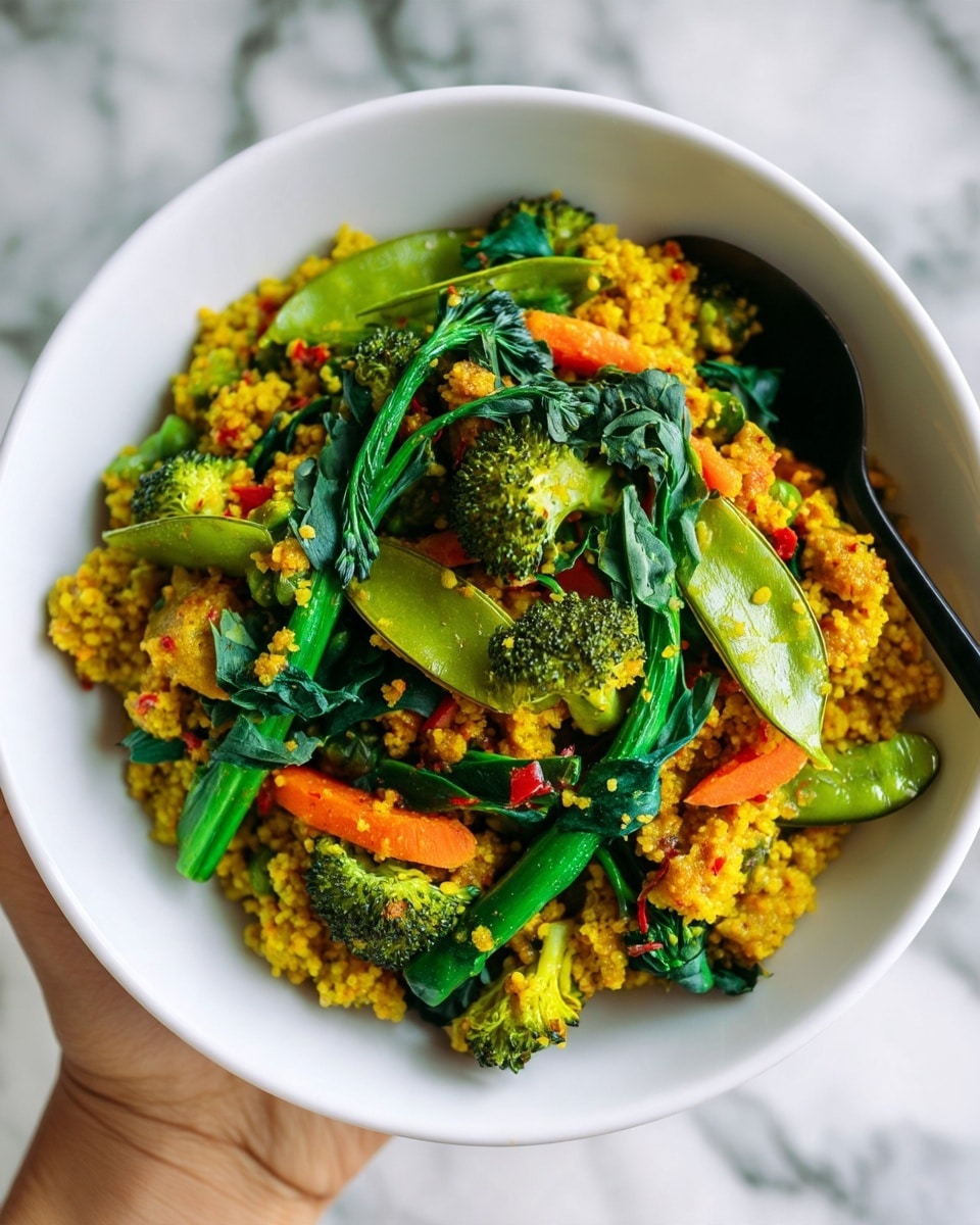 A close-up view of a white bowl filled with a colorful vegetable dish. The bottom layer is a yellow grain or couscous-like textured base mixed with small bits of red and orange. On top of this layer are bright green vegetables including broccoli florets and wide green snap peas. There are also dark green leafy vegetables layered along the sides, and some small orange carrot pieces scattered in the mix. A woman's hand is holding the bowl on the bottom right corner, and a dark utensil is partially visible in the top right, slightly blurred. The background has a soft white marbled texture. photo taken with an iphone --ar 4:5 --v 7