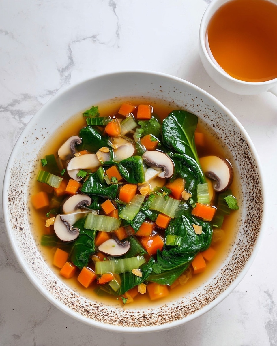 A bowl of clear vegetable soup with four main layers visible: at the bottom, a light golden broth; then assorted diced orange carrots and pale green celery pieces; next, sliced white mushrooms with brown edges; and the top layer of bright green leafy vegetables with a slightly shiny texture. The ingredients float evenly in a deep, round white bowl with a speckled brown rim on a white marbled background. Next to the bowl is a small white cup of light brown tea. Photo taken with an iphone --ar 4:5 --v 7