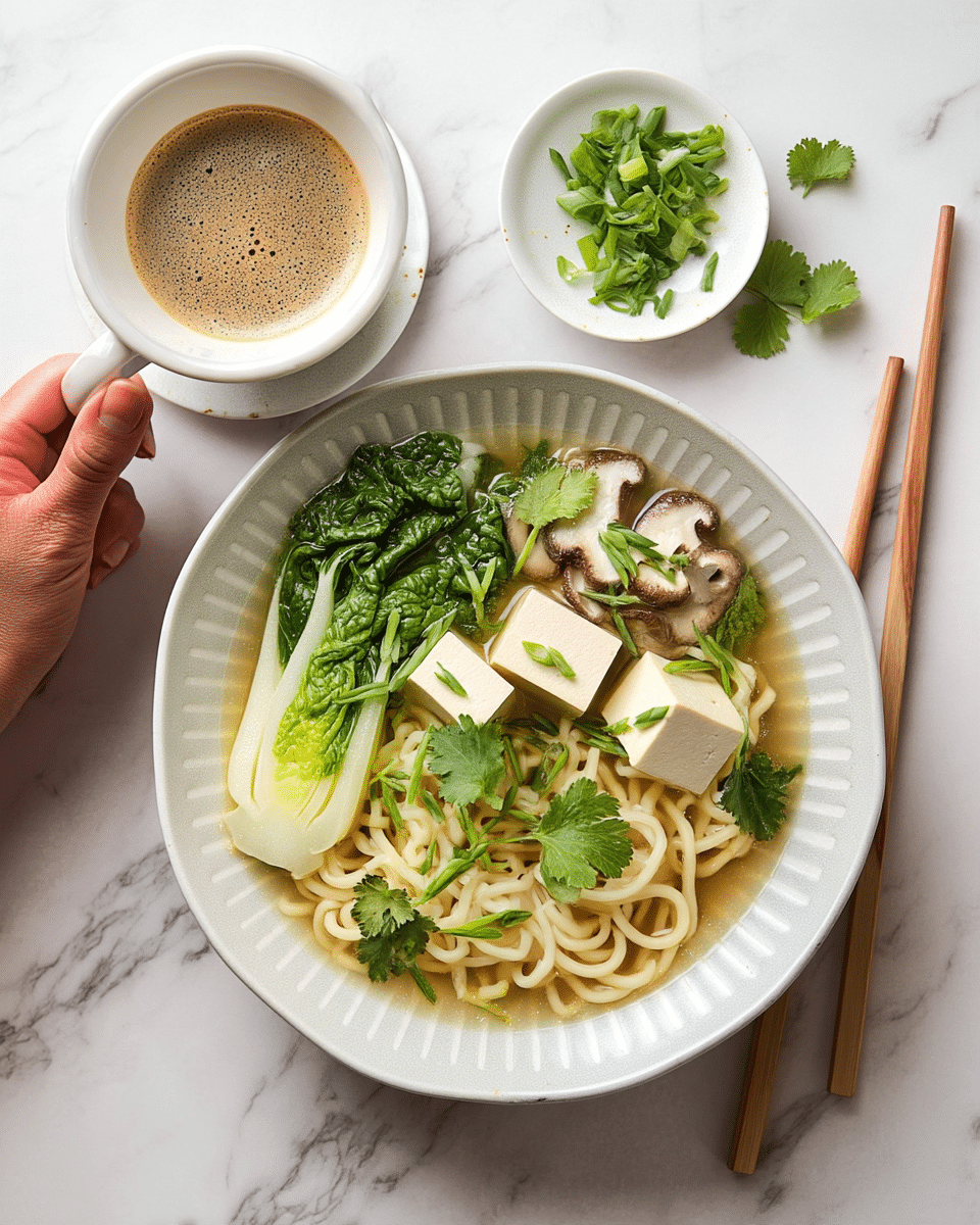 A bowl of clear broth soup shows three large white tofu cubes and light yellow noodles as the base layer. On top of the noodles are dark green bok choy leaves and slices of light brown mushrooms. Scattered on the dish are small pieces of bright green sliced scallions and fresh cilantro leaves. The bowl is white and ribbed, set on a white marbled surface. To the right of the bowl are wooden chopsticks, and below is a small white dish with more scallions and cilantro. A woman’s hand holds a white saucer filled with light brown broth near the top-left corner. Photo taken with an iphone --ar 4:5 --v 7