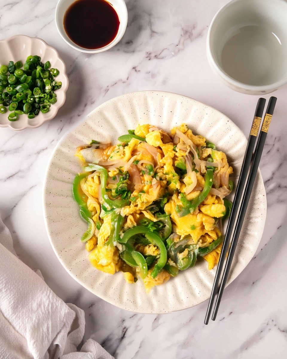 A light speckled white plate holds scrambled eggs mixed with thin slices of green bell pepper and translucent cooked onions. The eggs are soft and yellow, with the vegetables scattered evenly throughout. Small pieces of chopped green onion are sprinkled on top for color and texture. To the right on the plate, a pair of smooth black chopsticks with gold details rest, adding a touch of contrast. Around the plate, a small white round bowl with dark soy sauce and another white bowl with bright green chopped scallions sit on a white marbled surface. A soft beige cloth is draped softly in the left bottom corner. photo taken with an iphone --ar 4:5 --v 7
