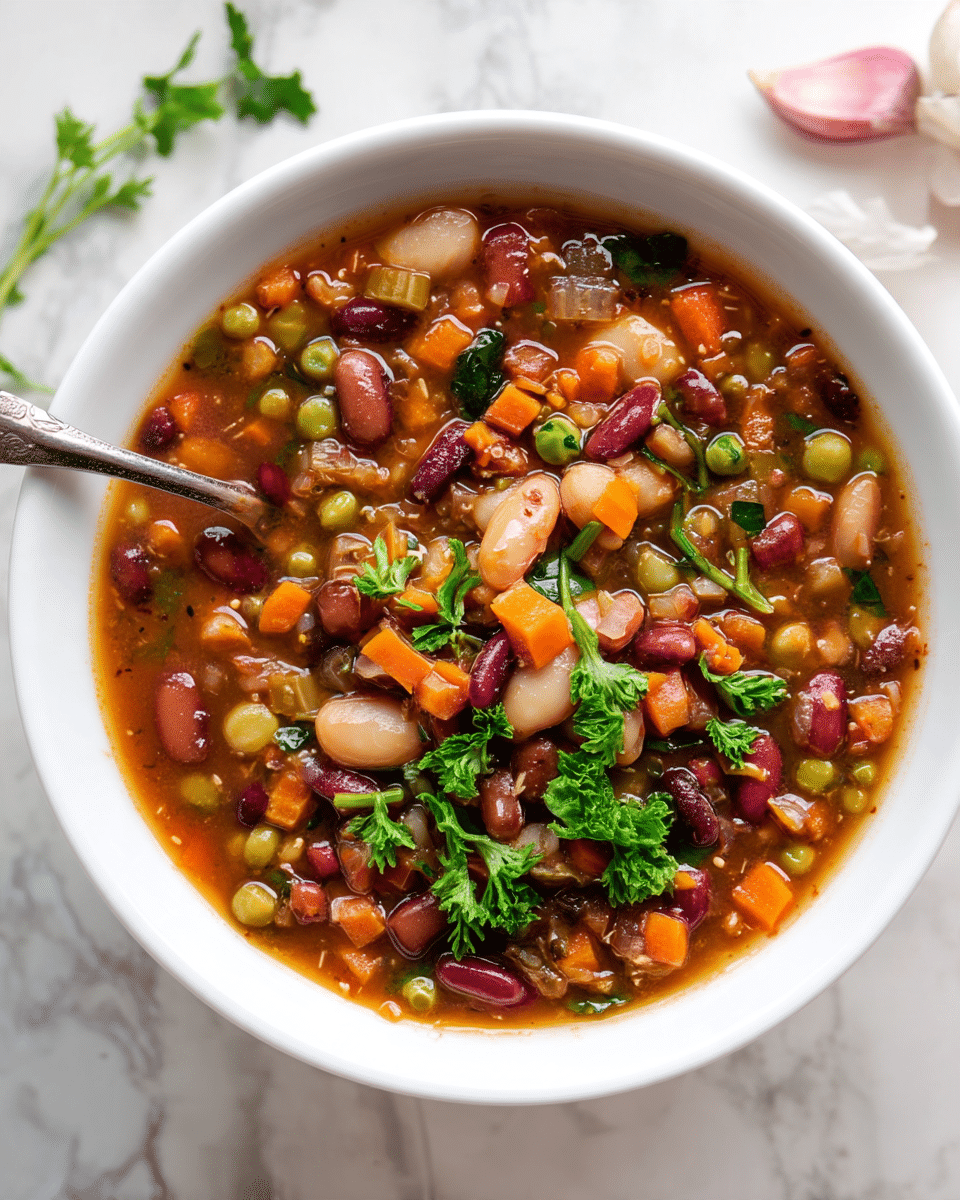 A white bowl filled with thick vegetable and bean soup, showing multiple layers of ingredients. The base layer is a rich brown broth with a slightly glossy texture, covering the beans and vegetables. The soup contains several kinds of beans in pale beige, dark red, and light brown colors, scattered throughout. There are finely chopped orange carrots, green peas, and bits of translucent white onions mixed evenly. On top, there are fresh green leafy herbs adding brightness and contrast to the mix. A silver spoon is placed on the left side inside the bowl, resting on the soup. The bowl sits on a white marbled surface with some garlic cloves partially visible in the top right corner. Photo taken with an iphone --ar 4:5 --v 7
