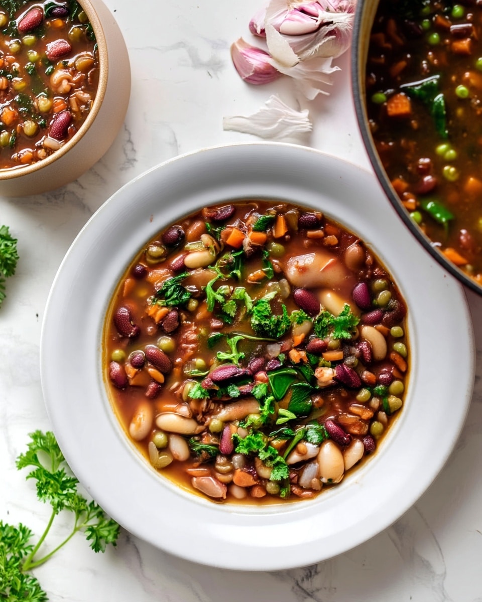 A white bowl filled with a thick vegetable and bean soup showing many layers: a dark brown liquid base with visible beans in shades of red, white, and light brown, mixed with small diced orange carrots, green peas, and wilted spinach leaves scattered on top, garnished with fresh bright green parsley. Around the bowl, there is a cluster of garlic cloves peeled partially, another beige bowl with more soup on the left edge, and a large pot on the right filled with the same soup mixture on a white marbled texture surface. photo taken with an iphone --ar 4:5 --v 7