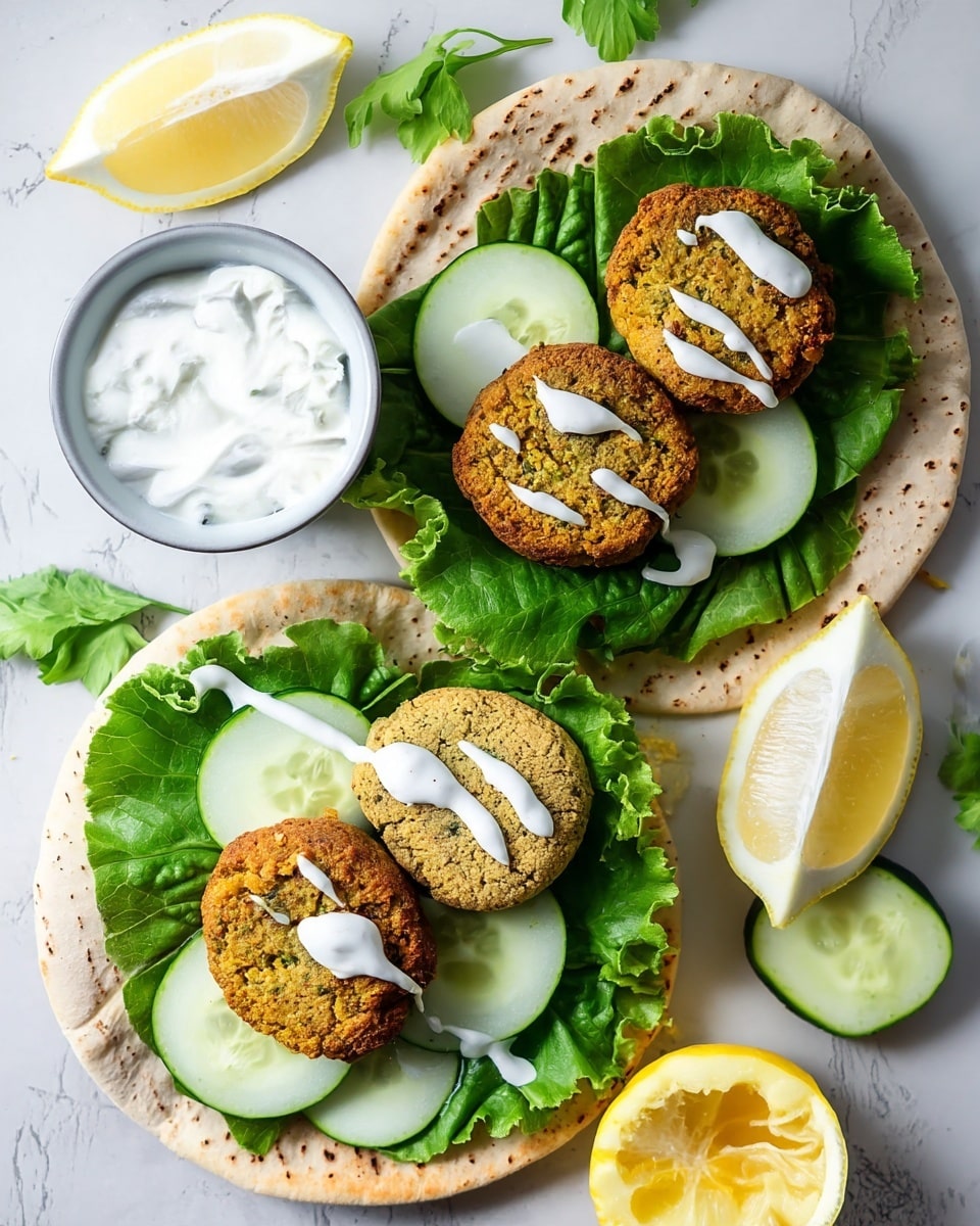 Two falafel wraps are shown on a white marbled surface. Each wrap has a flat pita bread base, slightly toasted with a few darker spots. On top of the pita, there is a layer of fresh green lettuce covering most of the surface, followed by several round, thin cucumber slices placed neatly. Three golden-brown falafel patties with a slightly rough texture sit on the cucumbers. White sauce is drizzled over the falafel in irregular lines. On the side, there are lemon wedges and a small white bowl filled with extra white sauce. Photo taken with an iphone --ar 4:5 --v 7