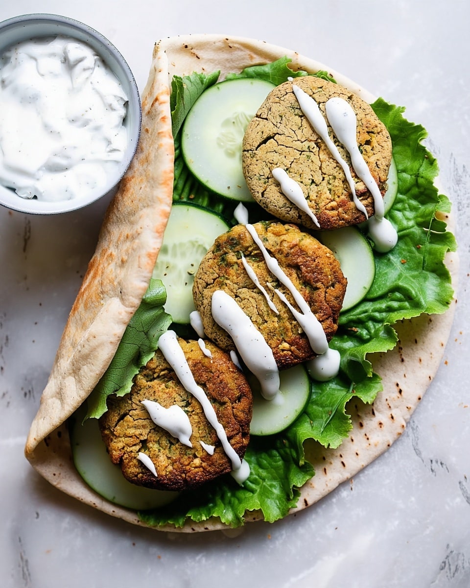 The image shows a close-up of three falafel patties, each topped with a drizzle of white sauce, placed on a layer of fresh green lettuce and thin cucumber slices. These layers sit on a soft, folded flatbread, with part of the flatbread wrapped around the falafel, lettuce, and cucumber. To the side, there is a small white bowl filled with a creamy white sauce. The scene is set on a white marbled texture surface with a cut lemon visible in the corner. photo taken with an iphone --ar 4:5 --v 7