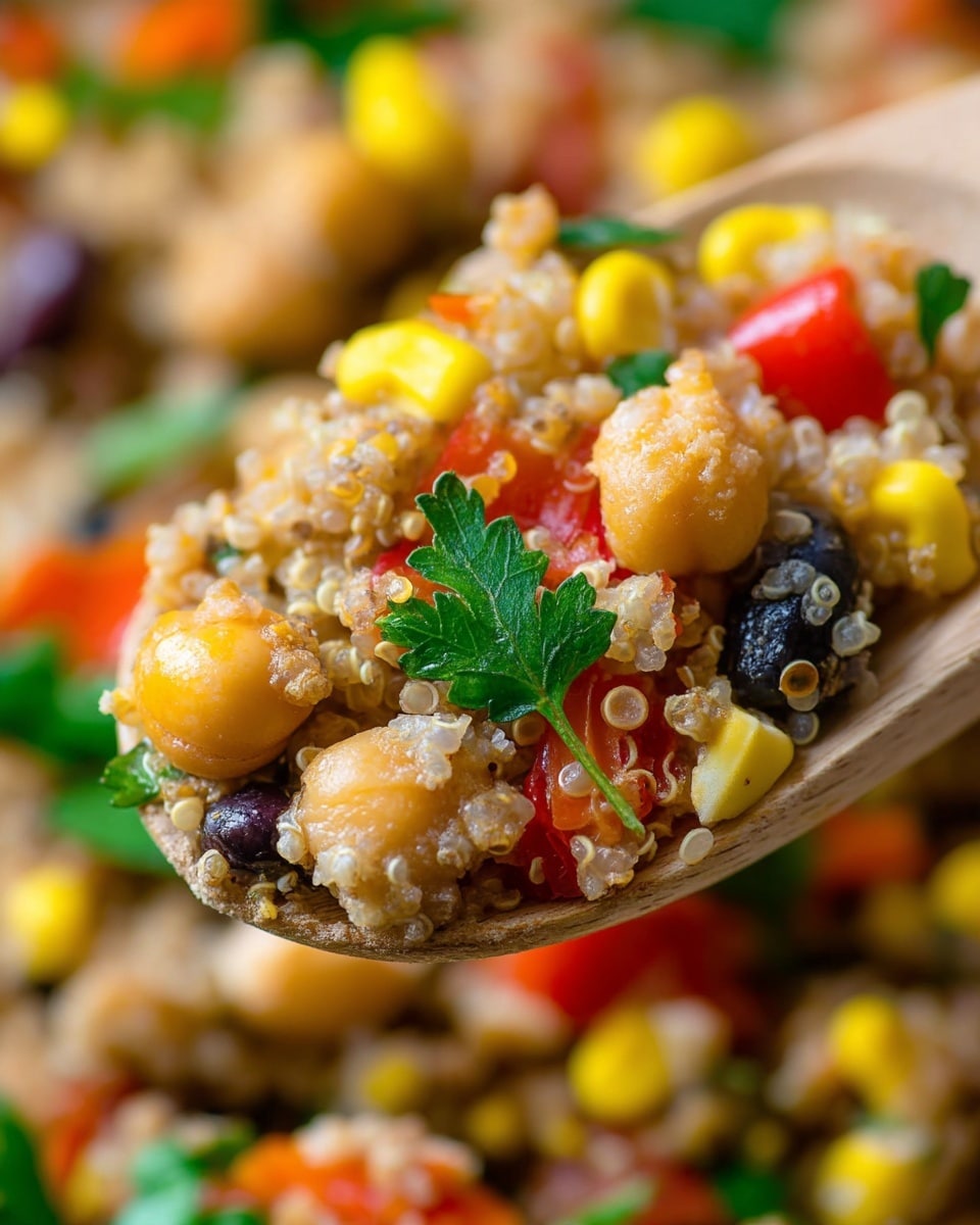 A close-up view of a wooden spoon lifting a colorful quinoa salad, showing the layered mix of cooked quinoa in light beige with a fluffy texture, bright yellow corn kernels, small black beans, diced red bell peppers, light tan chickpeas, and scattered green cilantro leaves all blended together. The background reveals more of the same vibrant quinoa mixture with a soft focus, highlighting the mix of colors and textures. photo taken with an iphone --ar 4:5 --v 7