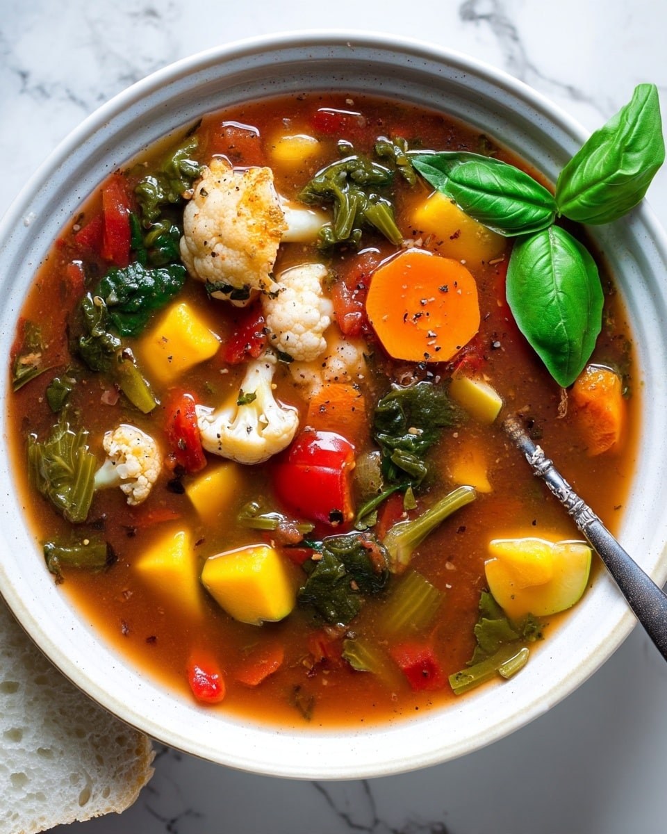A close-up view of a bowl filled with vegetable soup showing a rich, brownish-red broth with several colorful vegetable pieces: bright orange carrot slices, light green zucchini chunks, creamy white cauliflower florets, deep green leafy greens, and yellow potato cubes. The bowl is white with subtle ridges around the edge, sitting on a white marbled surface, partly showing a darker plate underneath. A vintage silver spoon partly dipped in the soup rests inside the bowl, and a fresh green basil leaf floats on the surface of the soup, adding a pop of vibrant color. Photo taken with an iphone --ar 4:5 --v 7