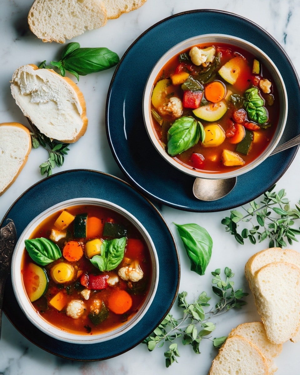 The image shows two bowls of vegetable soup placed on white plates, both bowls filled with a clear brown broth containing colorful chunks of orange carrots, green zucchini slices, yellow and red bell peppers, cauliflower florets, and spinach leaves. Each bowl has a single fresh basil leaf on top as a garnish. One bowl is positioned slightly higher on the left side with a spoon inside, resting on a folded mustard yellow cloth, while the other bowl is on the lower right with two spoons nearby. Around the bowls, several slices of white bread are scattered on a white marbled surface, and a wooden cutting board with a bread knife and more bread slices is visible in the top right corner. Small sprigs of green herbs and salt and pepper shakers add detail to the composition. Photo taken with an iphone --ar 4:5 --v 7
