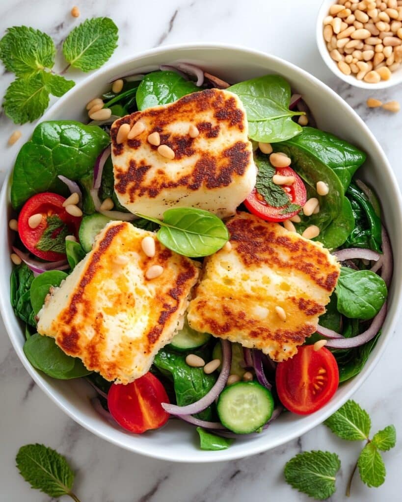 Grilled Halloumi Salad with Fresh Vegetables, Mint, and Toasted Pine Nuts Recipe