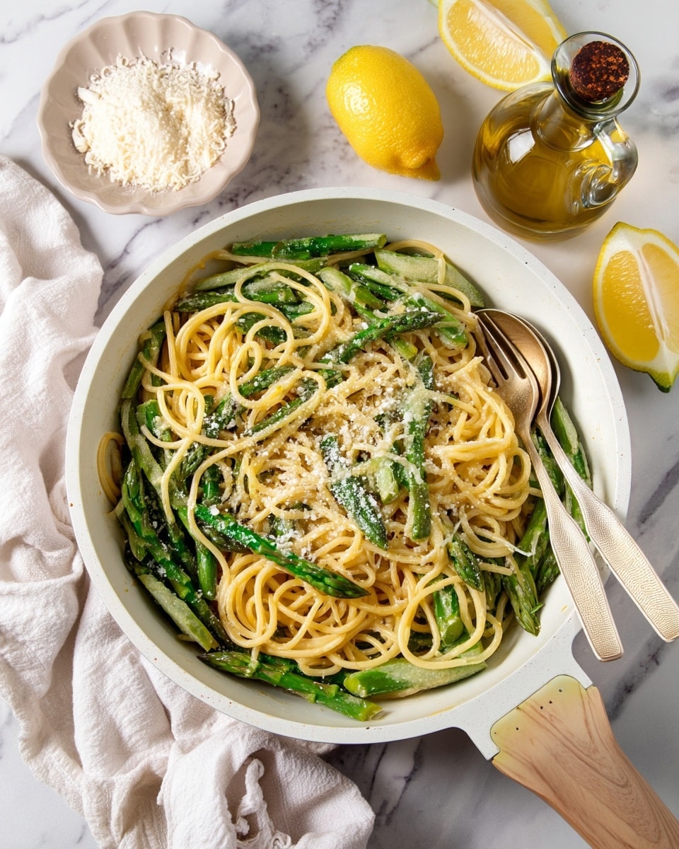 A white pan with a wooden handle holds a dish of spaghetti mixed with bright green asparagus pieces cut into thick slices. The spaghetti is light golden yellow and coated with a creamy sauce, topped with sprinkled white grated cheese. Inside the pan, two silver serving utensils rest on the right side. Surrounding the pan, a small white ceramic dish with more grated cheese sits on the left side, along with lemon wedges and a clear glass bottle with a cork filled with golden olive oil. The whole scene is set on a white marbled surface, and a crumpled white cloth napkin is near the pan's handle. photo taken with an iphone --ar 4:5 --v 7