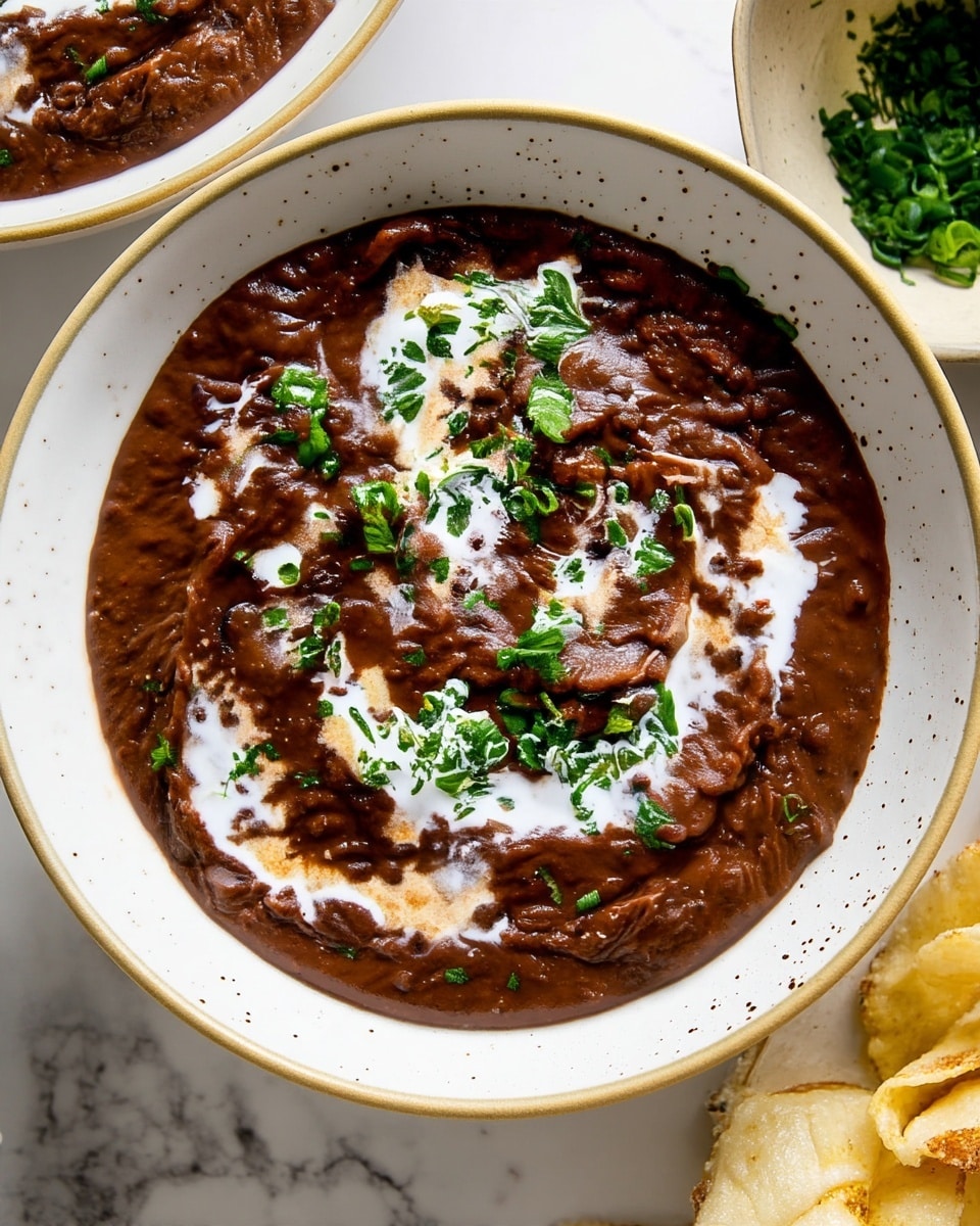 A speckled white shallow bowl holds one layer of thick, dark brown refried beans with a slightly chunky texture, topped with a swirl of creamy white sour cream unevenly spread across the surface, and sprinkled with small, bright green chopped cilantro leaves. The bowl is placed on a white marbled surface, with a few scattered cilantro leaves visible nearby and a glimpse of white chips on the edge of the image. Photo taken with an iphone --ar 4:5 --v 7