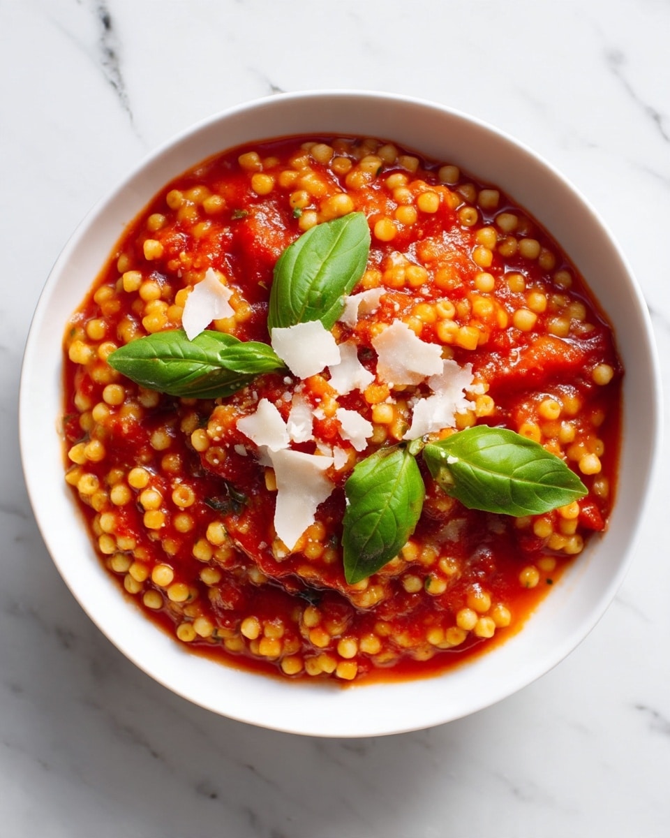 A white bowl filled with a single layer of small, round, orange pearls resembling Israeli couscous coated in a thick red tomato sauce. Mixed within are small bits of green leafy herbs, adding specks of green to the dish. Two fresh green basil leaves sit on top near the center, and there are light shavings of white cheese scattered around, lightly melting into the sauce. The bowl is placed on a white marbled surface. photo taken with an iphone --ar 4:5 --v 7