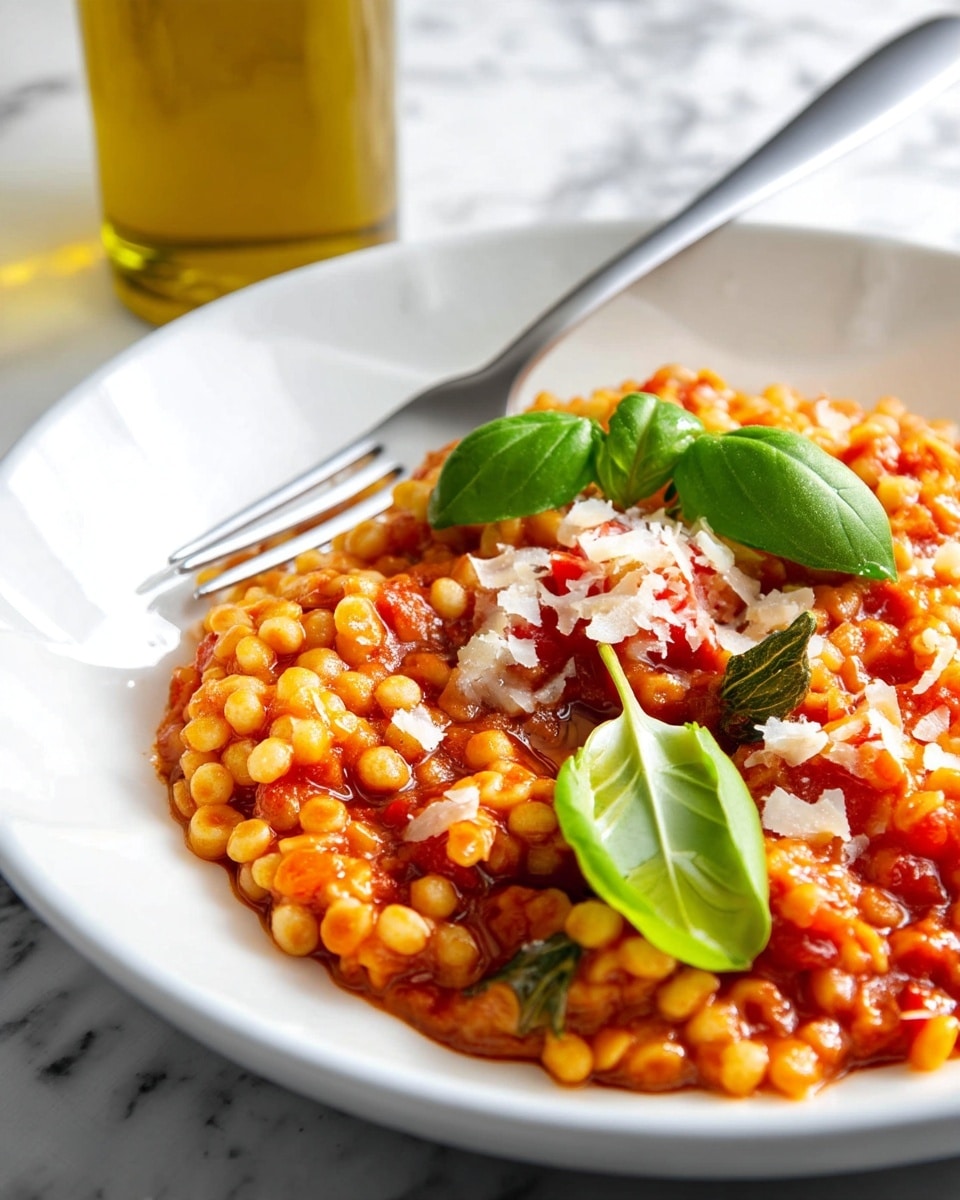 A close-up view of a white plate filled with small round pasta coated in a vibrant red tomato sauce with bits of cheese sprinkled on top. The pasta layer is thick and textured with a glossy finish from the sauce. Bright green basil leaves are placed on the pasta, adding a fresh color contrast. A silver fork with a white handle rests on the right side of the plate, partially on the pasta. In the background, there's a blurry glass bottle filled with golden olive oil on a white marbled surface. photo taken with an iphone --ar 4:5 --v 7