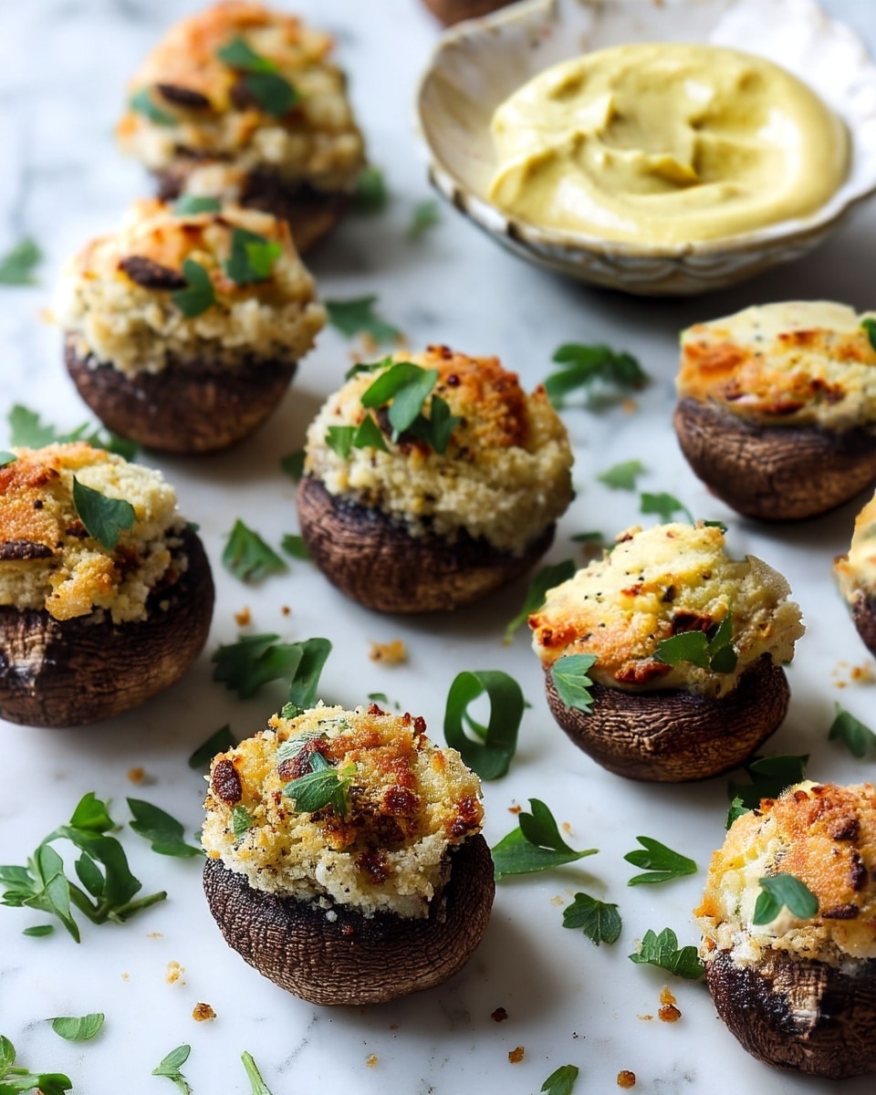The image shows a white plate filled with a group of stuffed mushrooms. Each mushroom base is dark brown with a textured, slightly wrinkled surface, and they are topped with a thick, golden-brown layer of stuffing that has a creamy, crumbly texture with hints of herbs visible. The stuffing bulges slightly over the edges of the mushrooms and has browned spots on top, indicating it has been baked. In the background, there are whole white mushrooms and a bulb of garlic blurred out, all set on a white marbled surface that adds a clean, bright feel to the scene. photo taken with an iphone --ar 4:5 --v 7