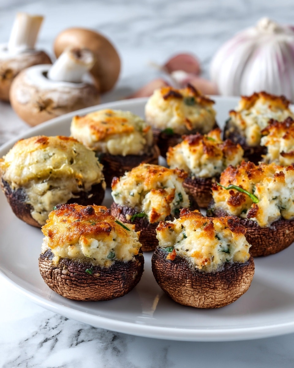 The image shows several stuffed mushrooms arranged on a white marbled surface. Each mushroom has a dark brown base with a light, crumbly, and slightly golden layer of stuffing on top, textured with visible breadcrumbs and small green herb bits. Some mushrooms are garnished with fresh flat green herb leaves. In the background, there is a small white bowl filled with a thick, creamy pale yellow sauce with a smooth texture. The overall look is rustic and inviting with warm, earthy tones. Photo taken with an iphone --ar 4:5 --v 7