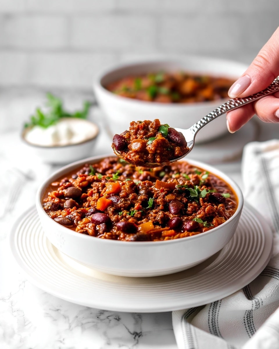 A white bowl filled with two main layers of chili made with ground beef and black beans, showing a rich reddish-brown sauce mixed with chunks of tomatoes and bits of vegetables, topped with a sprinkle of fresh green chopped herbs. The bowl is placed on a white plate with simple circular ridges, set on a white marbled surface. In the background, there is another white bowl of chili and a small white bowl of thick white sour cream surrounded by bright red cherry tomatoes and green leafy herbs. A textured silver spoon is resting on the edge of the plate. Photo taken with an iphone --ar 4:5 --v 7