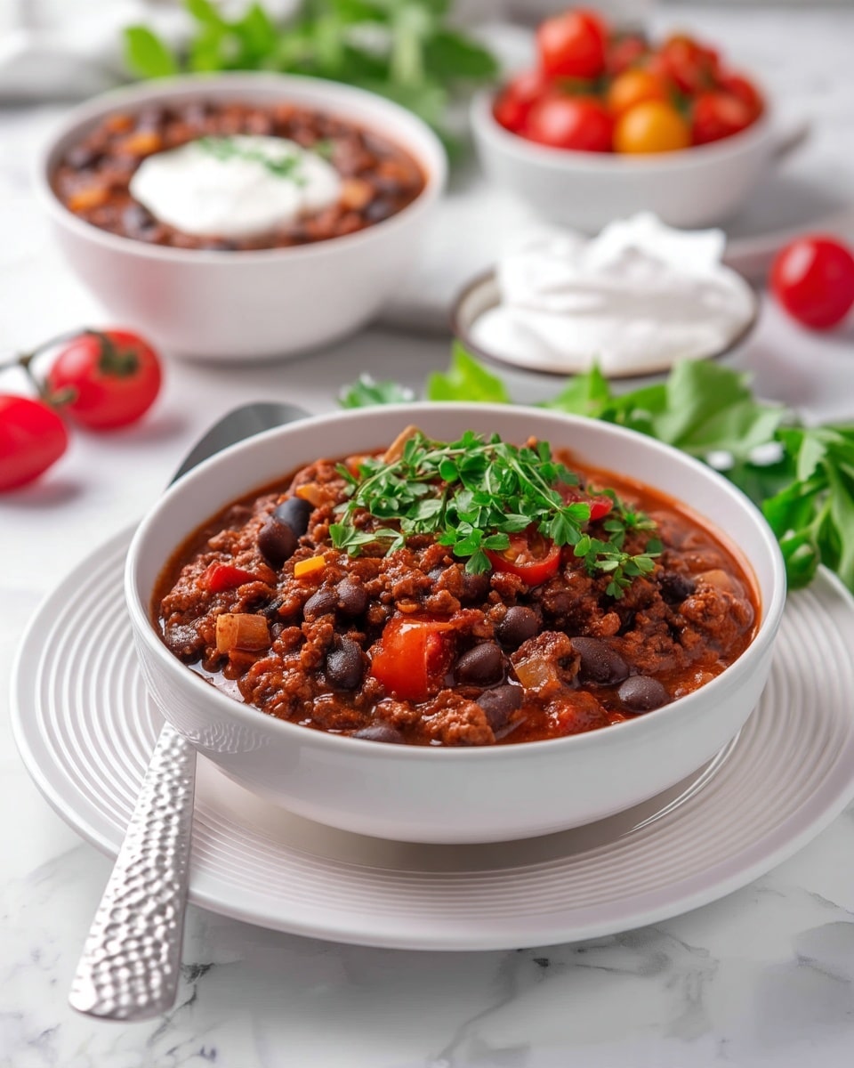 A white bowl filled with a thick, chunky chili mixture showing layers of dark brown beans, deep red ground meat, small orange pieces of vegetables, and bits of green herbs sprinkled on top, held by a woman's hand on the right side. A silver spoon scoops into the chili, held by another woman's hand from above. The bowl sits on a textured white plate with circular ridges, placed on a white marbled surface with a white and gray striped cloth partially visible under the plate. In the blurred background, there is another white bowl with a white creamy dip. Photo taken with an iphone --ar 4:5 --v 7