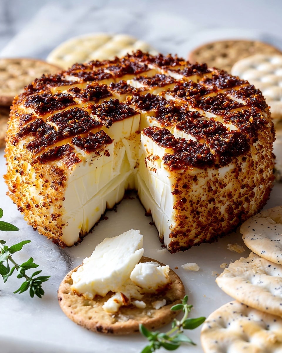 The image shows a round block of soft white cheese with a thick dark brown, crispy crust on top, cut into a grid pattern. A small wedge has been cut out, revealing the smooth and creamy inside with a few layers of soft cheese visible. Around the cheese, there are several round crackers with light beige and speckled textures. At the bottom, a cracker holds a torn piece of the creamy cheese. A small green herb sprig lies near the cheese on a white marbled surface, with some oil and crumbs scattered around. Photo taken with an iphone --ar 4:5 --v 7