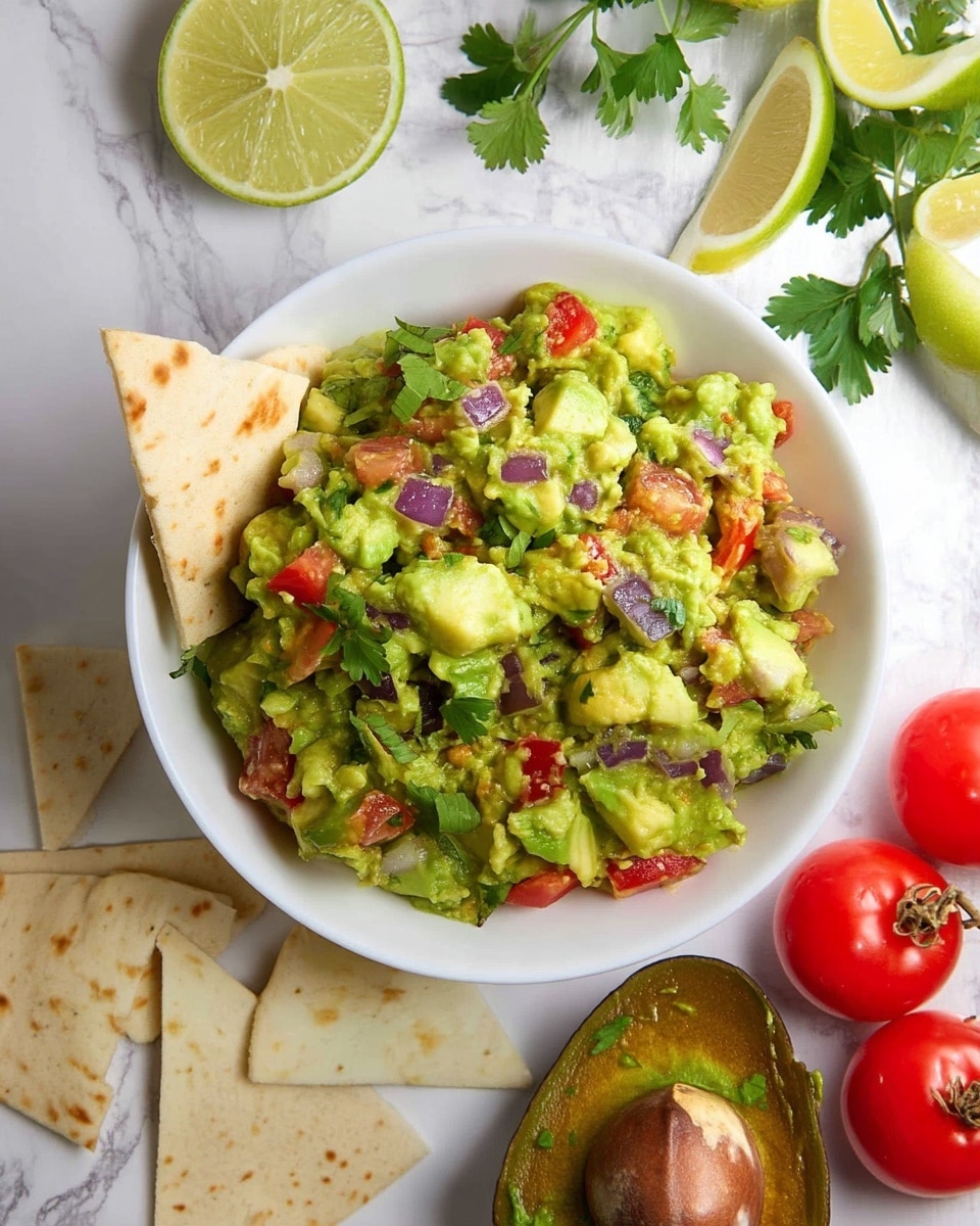 A close-up of a white bowl filled with chunky guacamole made of light green mashed avocado mixed with small pieces of red tomato, purple onion slices, and green cilantro leaves scattered throughout. Around the edge of the bowl, there are four white tortilla chips standing upright, with a toasted spot on one. In the blurred background, halved limes and some cilantro leaves rest on a white marbled surface. photo taken with an iphone --ar 4:5 --v 7