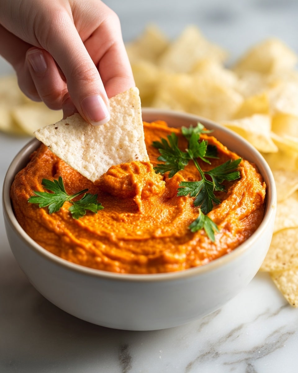A close-up of a white bowl filled with smooth, thick orange dip that has a slightly textured surface, garnished with green parsley leaves on top. A woman's hand is dipping a triangular pale yellow chip into the dip, creating a small scoop. Around the bowl, there are several pale yellow tortilla chips scattered, contrasting with the white marbled textured surface beneath. The focus is on the bowl and the woman's hand, with a soft blurred background. photo taken with an iphone --ar 4:5 --v 7