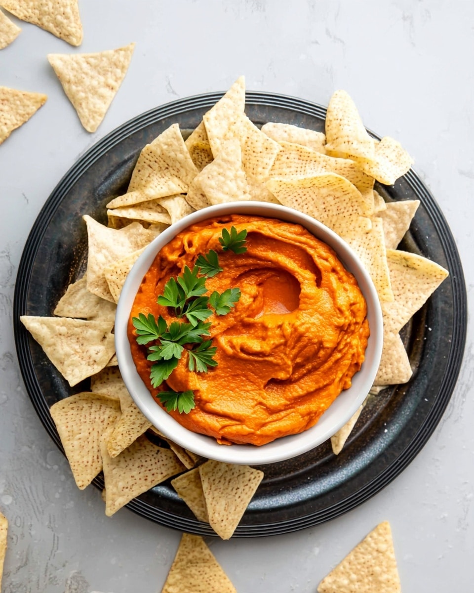 A dark grey round plate is filled with a white bowl in the center holding a smooth, bright orange dip with a swirled texture. On top of the dip, there are fresh green parsley leaves adding a pop of color. Surrounding the bowl on the plate are many light beige triangular chips with a speckled texture. More chips are scattered outside the plate on a white marbled surface. photo taken with an iphone --ar 4:5 --v 7