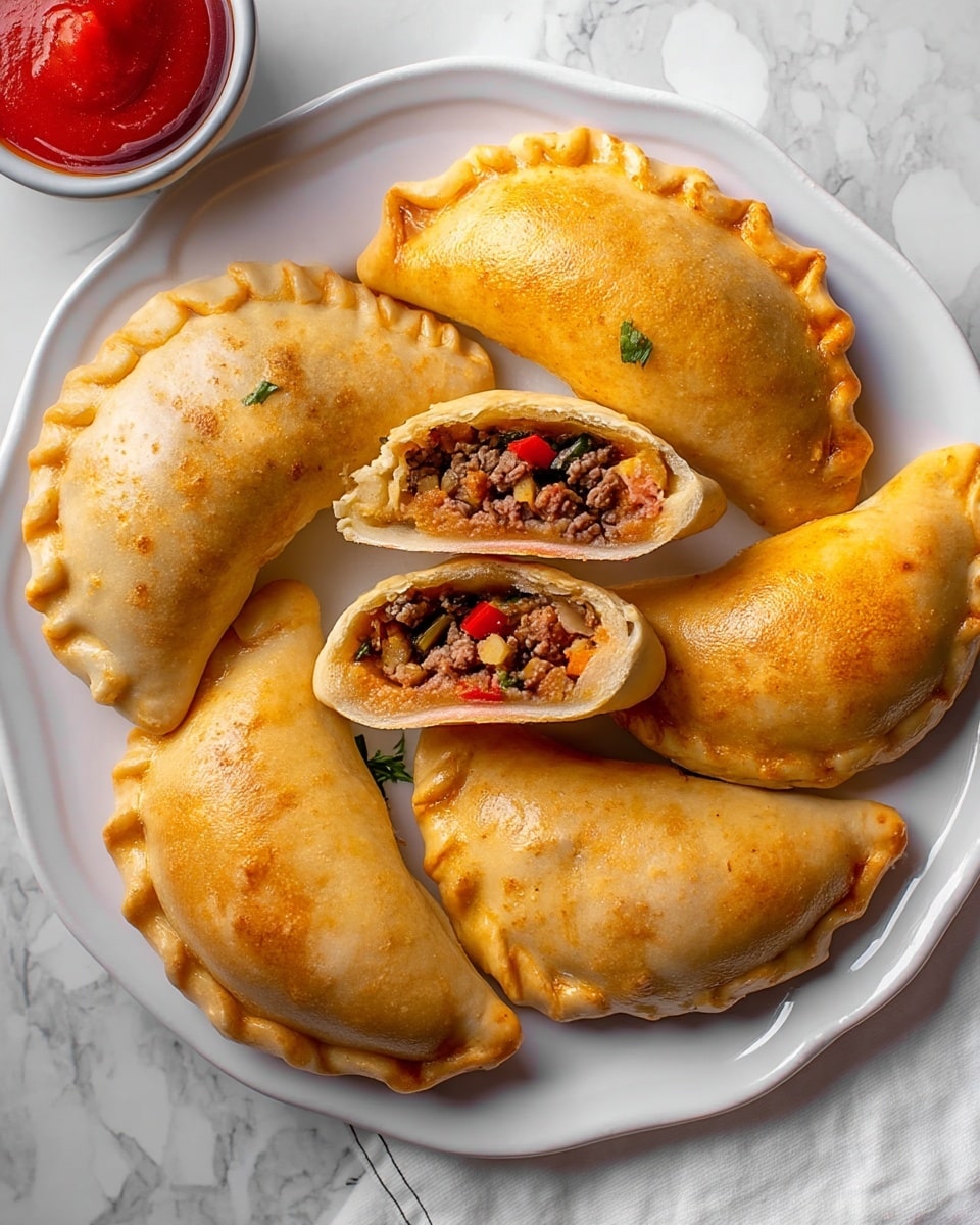 The image shows a white plate with six golden-brown empanadas arranged in a circle. One empanada is cut open and placed on top, revealing a filling of finely chopped meat mixed with small pieces of red bell pepper, mushrooms, and green herbs. The empanada crust looks crispy and flaky with crimped edges. In the upper left corner, there is a small white bowl filled with red sauce. The setting is on a white marbled surface with a white cloth napkin slightly visible in the lower right. photo taken with an iphone --ar 4:5 --v 7