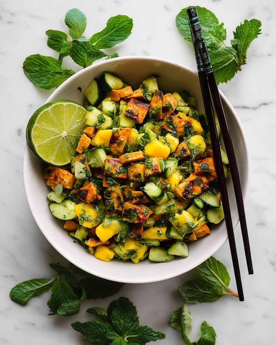 A bowl filled with a colorful salad made of three main layers: small yellow mango chunks, green cucumber pieces, and orange grilled sweet potato cubes mixed with herbs on top. The bowl is white and round with a slightly raised edge, placed on a white marbled surface. There are two lime wedges sitting on the left inside edge of the bowl, and a fresh mint sprig tops the salad near the center. Black chopsticks with white patterns are resting on the right edge of the bowl, pointing diagonally towards the top right corner. Around the bowl, there are fresh mint leaves scattered and halves of an avocado and lime, adding more green colors to the scene. photo taken with an iphone --ar 4:5 --v 7
