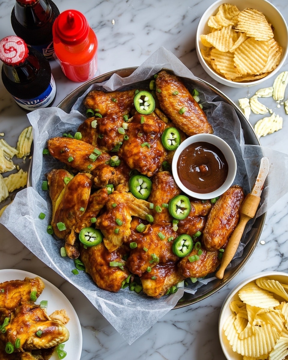 A tray lined with white parchment paper holds several golden-brown chicken wings that have a glossy, slightly sticky texture. The wings are sprinkled with chopped green onions and slices of green chili pepper. On the right side of the tray, there is a small white bowl filled with reddish-brown dipping sauce. The tray rests on a white marbled surface, and the background features blurred shapes including a white bowl and bottles, giving a casual, cozy atmosphere. Photo taken with an iphone --ar 4:5 --v 7