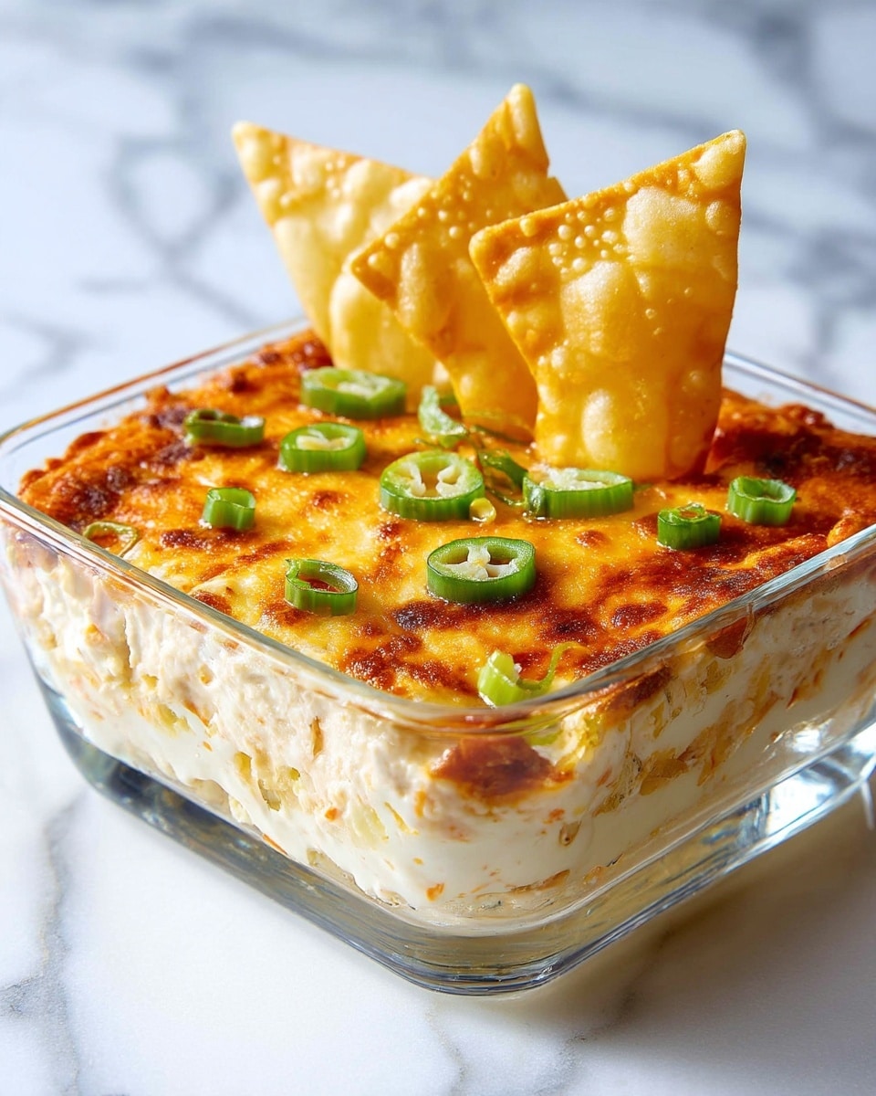 The image shows a glass baking dish with a creamy, baked dip that has a golden-brown, slightly crispy top layer. The dip appears thick and cheesy beneath the browned surface, revealing a lighter, smooth, and creamy inside where some has been scooped out. Scattered on top are small green onion rings adding fresh green color. Three triangular, golden-brown crispy chips are partially dipped into the mixture, standing upright in the dip. The dish is set against a white marbled surface. photo taken with an iphone --ar 4:5 --v 7