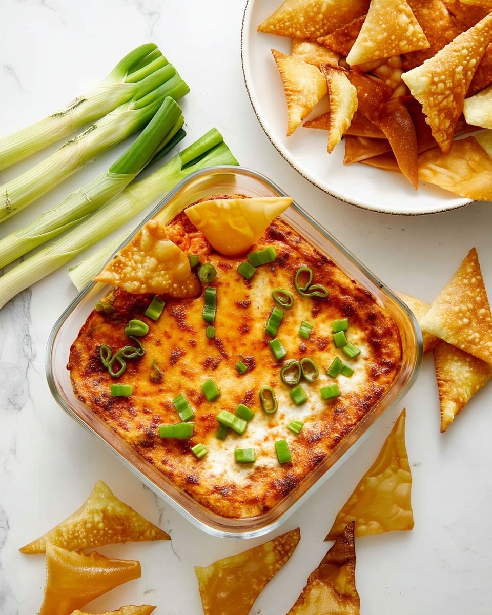 A baked cheese dip in a clear square glass dish with one visible layer of golden-brown melted cheese on top, lightly browned and bubbly, sprinkled with small pieces of chopped green onions. Around the dish, several golden, crispy triangular chips with a bubbly texture are placed on a white marbled surface. A white plate in the upper right corner holds more of these triangular crispy chips. Three long green onion stalks are placed to the left of the glass dish. Photo taken with an iphone --ar 4:5 --v 7