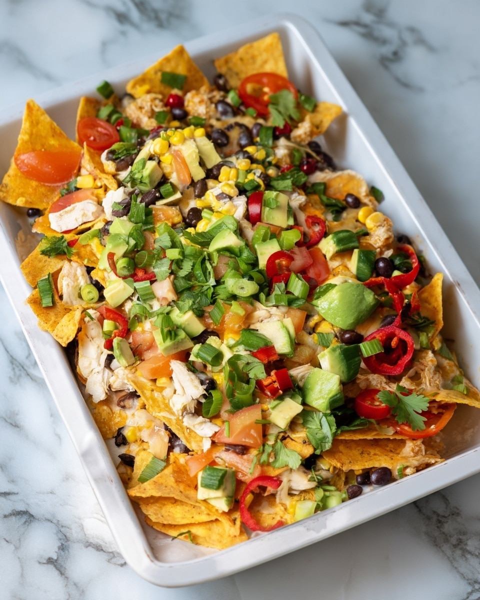 A close-up view of a dish in a white pan on a white marbled surface shows several layers starting with a base of orange-yellow tortilla chips all over the dish. On top of the chips, there are scattered pieces of white shredded chicken and black beans. Next, there are small yellow corn kernels and melted cheese hidden beneath the layers. The top layer is brightly colored with chopped green scallions, chunks of vibrant green avocado, diced red tomatoes, thin slices of red chili, and fresh cilantro leaves giving a mix of green, red, and yellow shades. photo taken with an iphone --ar 4:5 --v 7