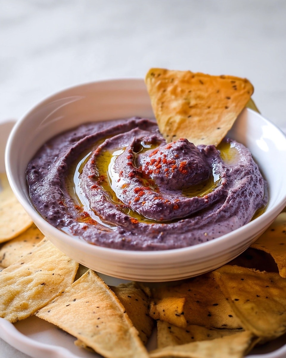A white bowl filled with creamy purple bean dip, which has a smooth and thick texture with small chunks. On top of the dip, there is a swirl of golden olive oil and a light sprinkle of red spice powder, adding color contrast. A single triangular tortilla chip with a light brown color and tiny black specks is dipped into the bowl, leaning against the edge. Surrounding the bowl, on a white marbled surface, are several more of the same tortilla chips scattered around casually. Photo taken with an iphone --ar 4:5 --v 7