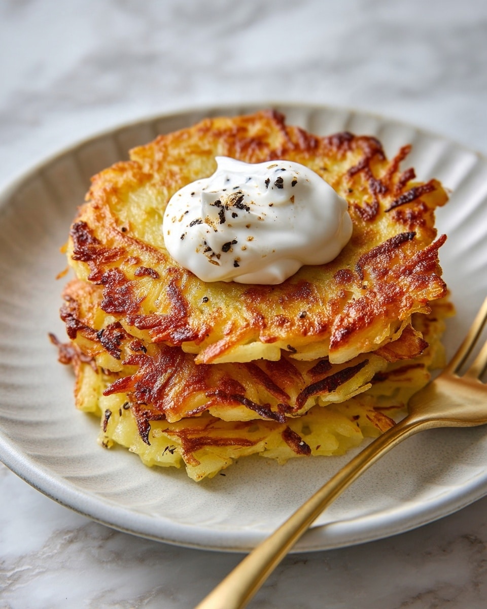 A stack of four golden-brown crispy potato latkes arranged neatly on a white plate placed on a white marbled surface, each latke showing a textured mix of thin grated potato strands with crispy edges; on top of the stack is a dollop of white creamy sour cream sprinkled with coarse black pepper; a gold fork rests on the plate’s edge next to the latkes, adding a touch of elegance. photo taken with an iphone --ar 4:5 --v 7