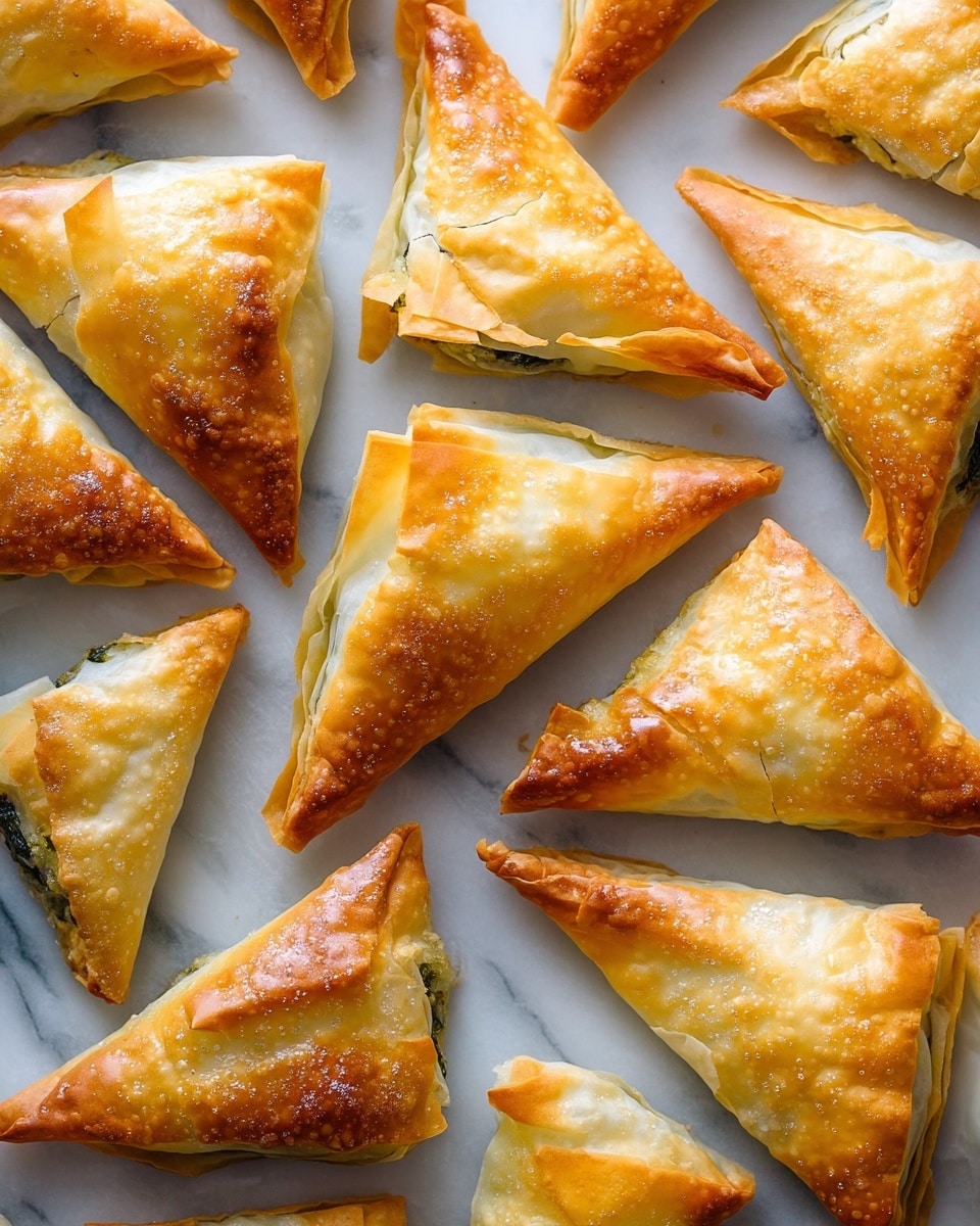 Two triangular pastries with thin, crispy, golden brown layers sit on a white marbled surface. Each pastry has flaky, light golden outer layers with small salt flakes on the crust, and in one of them, the top layer is partly peeled back to show a green leafy filling inside. The filling looks soft and slightly shiny, contrasting with the dry, crunchy texture of the pastry layers. Small crumbs and a bit of melted butter or oil are scattered around the pastries. photo taken with an iphone --ar 4:5 --v 7